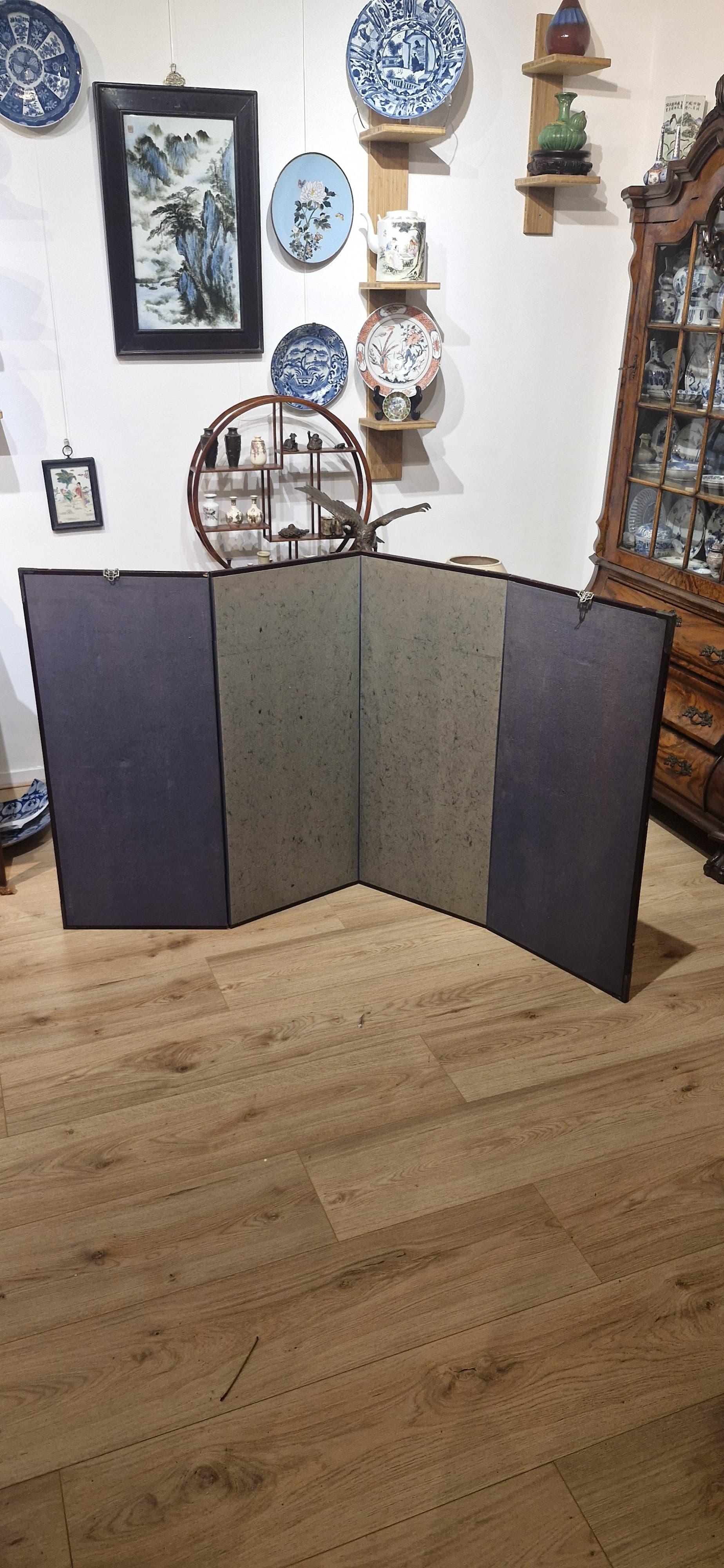 Cloissoné Antique Japanese Folding Chamber Screen / Paravent 20th century Japan Cranes For Sale