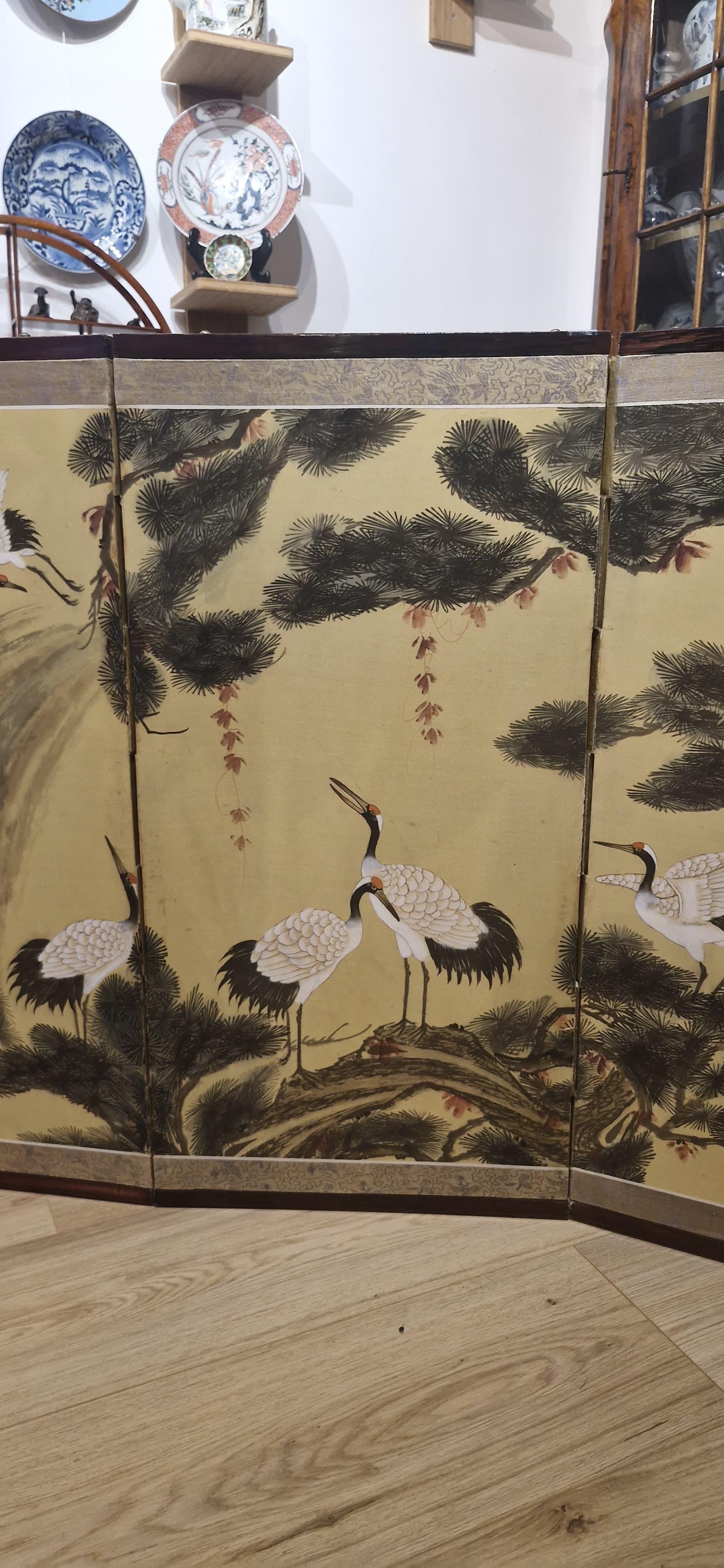 Cloissoné Antique Japanese Folding Chamber Screen /Paravent Early 20th century Japan Crane For Sale