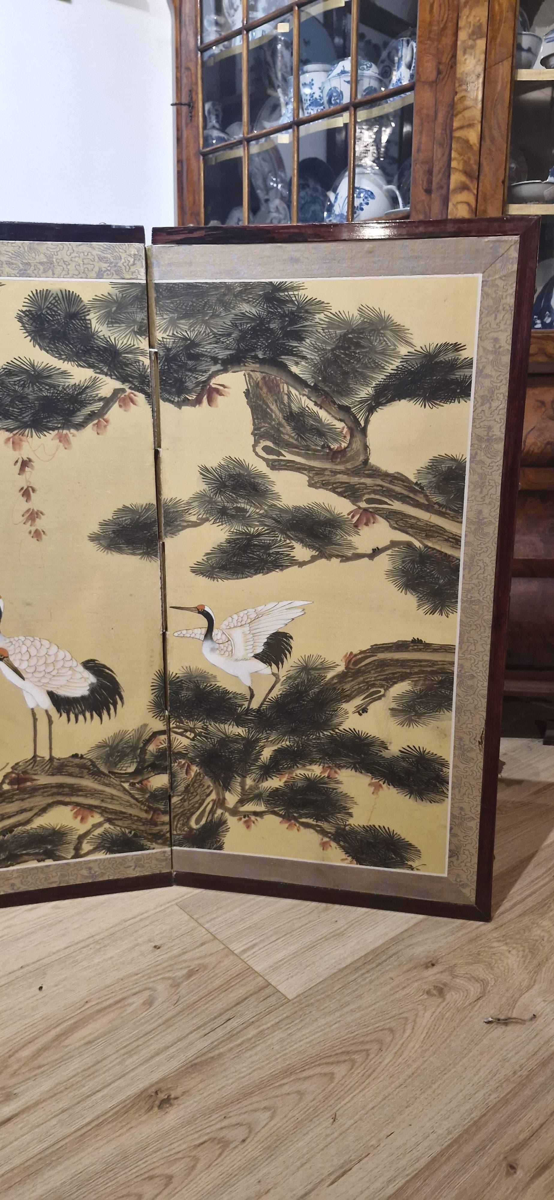 Antique Japanese Folding Chamber Screen /Paravent Early 20th century Japan Crane In Good Condition For Sale In Amsterdam, Noord Holland