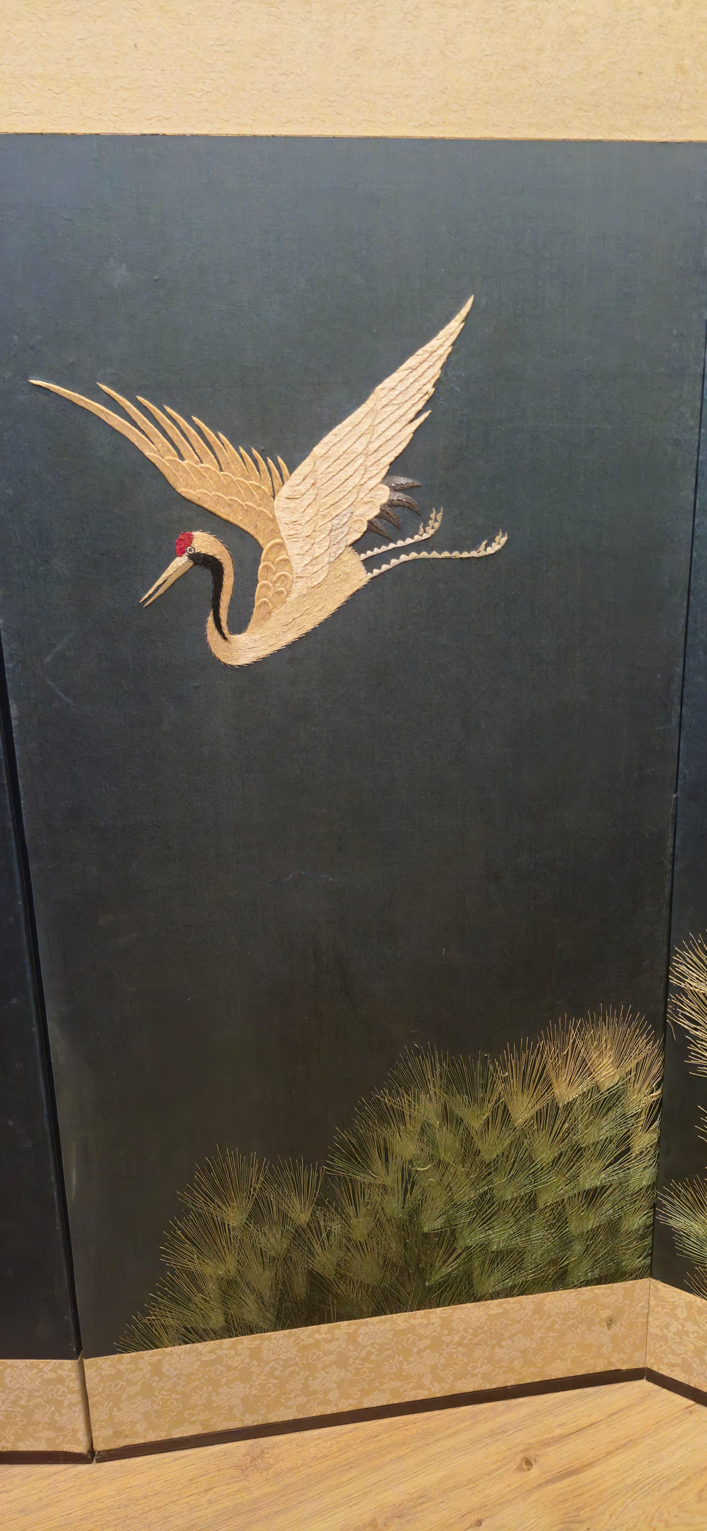 20th Century Antique Japanese Folding Chamber Screen / Paravent 20th century Japan Cranes For Sale