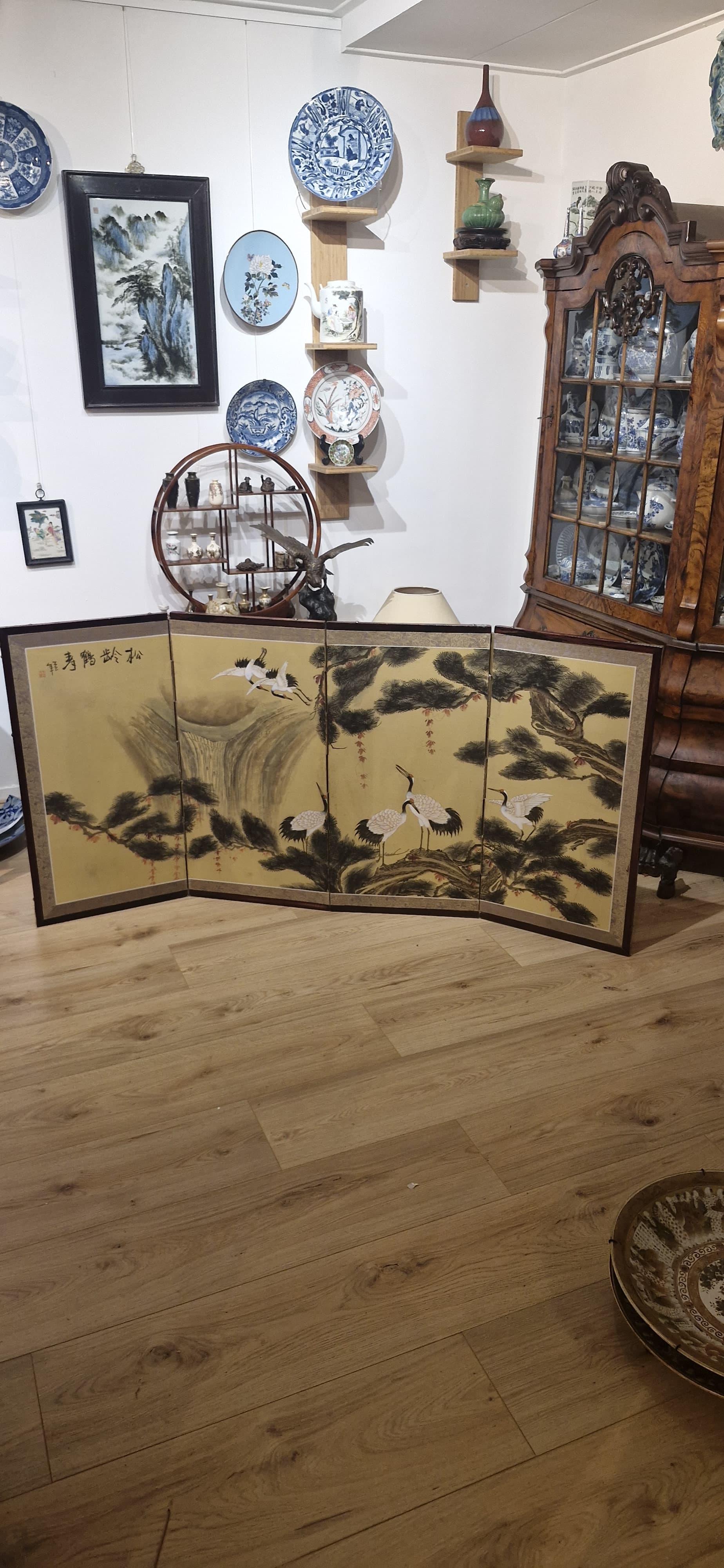 20th Century Antique Japanese Folding Chamber Screen /Paravent Early 20th century Japan Crane For Sale