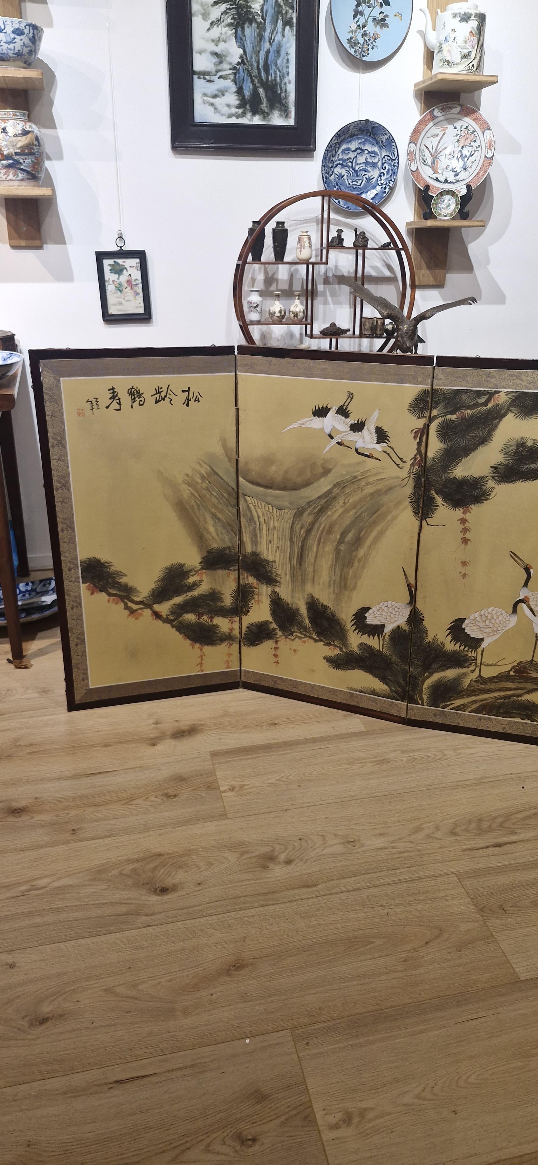 Bronze Antique Japanese Folding Chamber Screen /Paravent Early 20th century Japan Crane For Sale