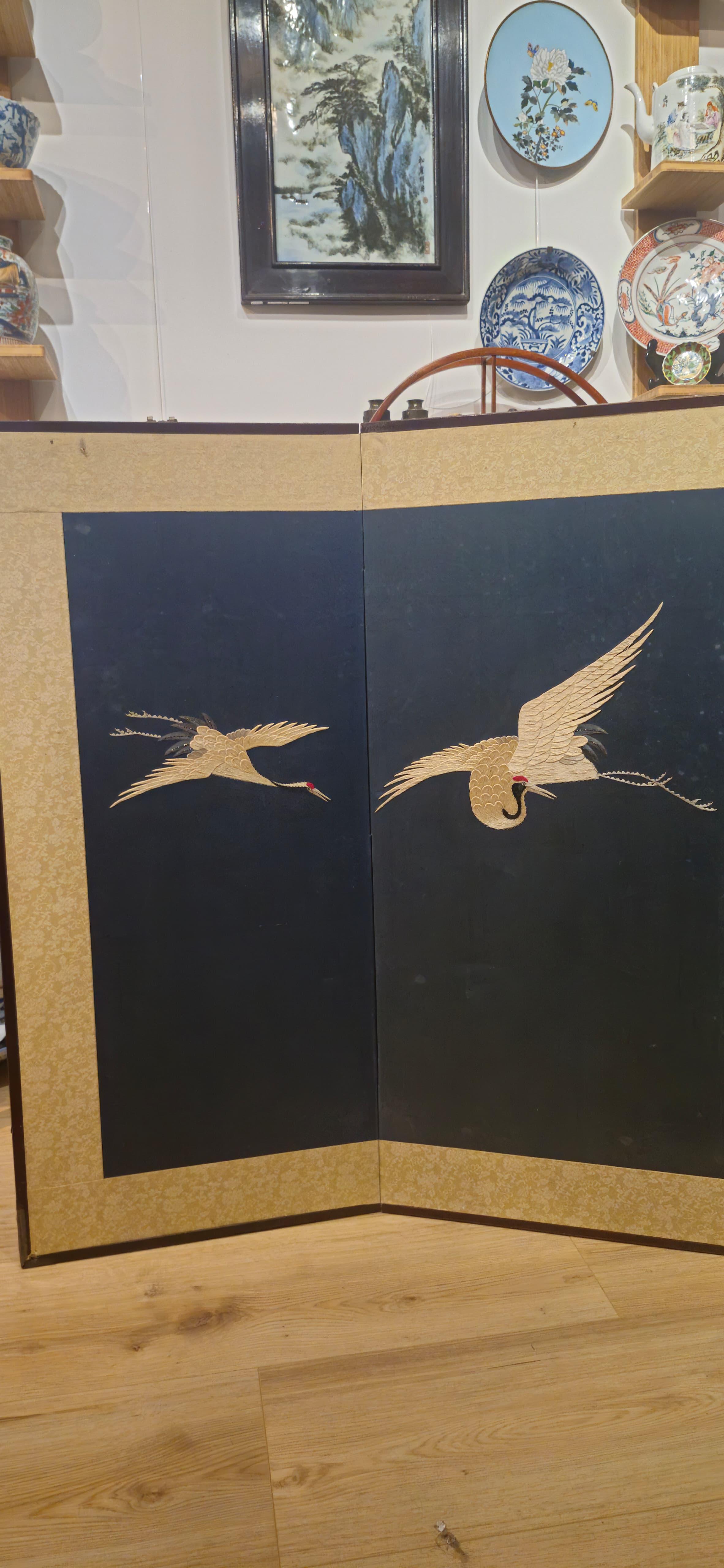 Antique Japanese Folding Chamber Screen / Paravent 20th century Japan Cranes For Sale 1