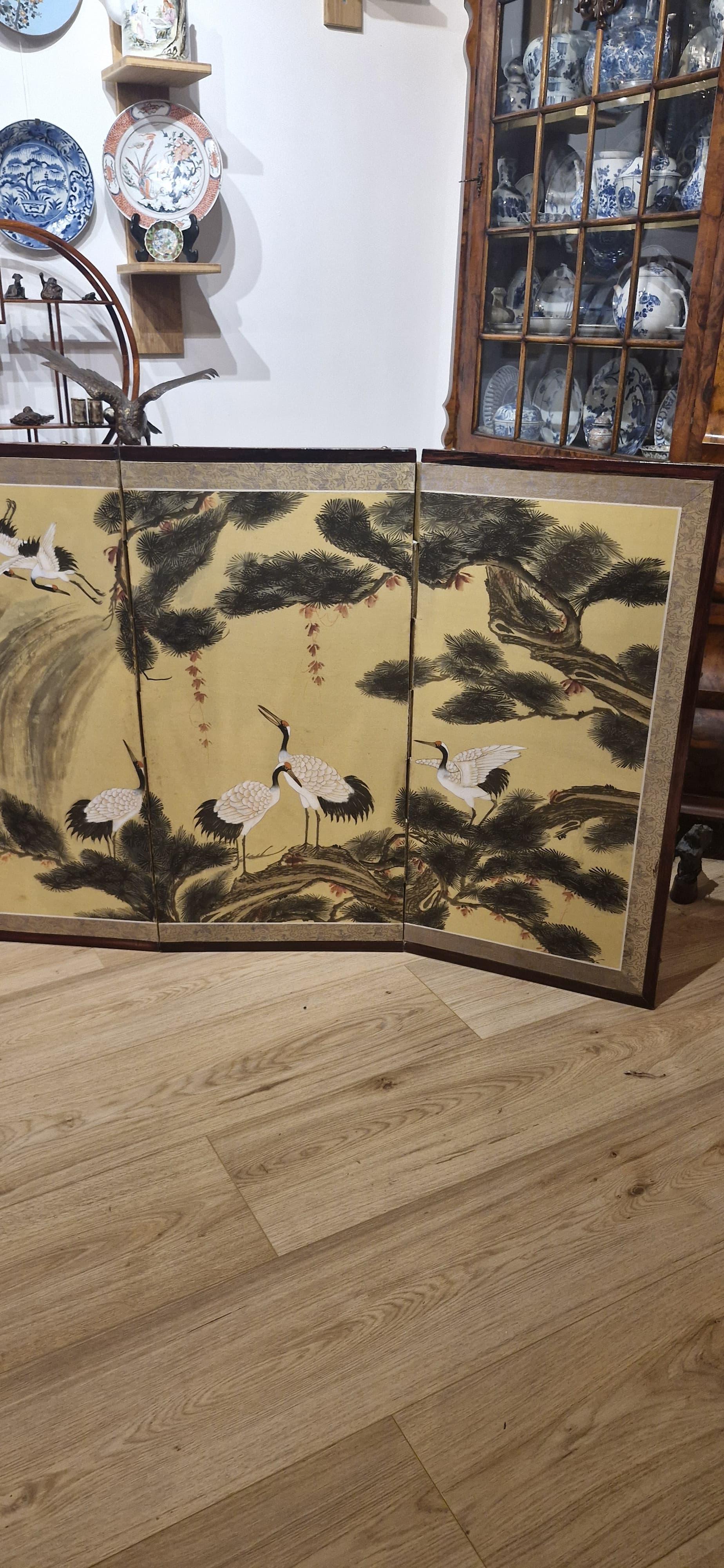 Antique Japanese Folding Chamber Screen /Paravent Early 20th century Japan Crane For Sale 1
