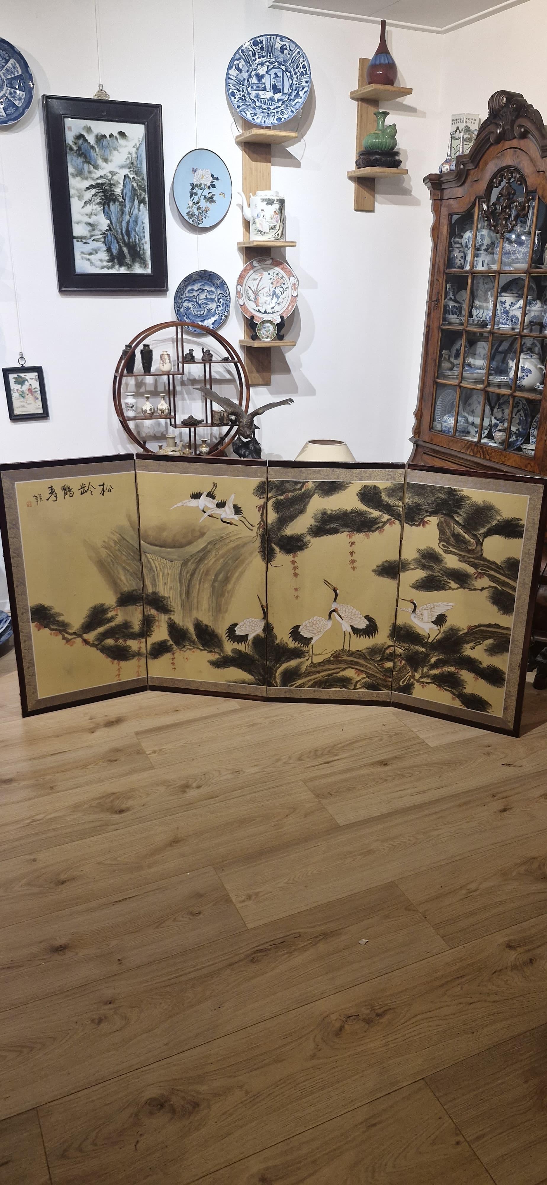 Antique Japanese Folding Chamber Screen /Paravent Early 20th century Japan Crane For Sale 2