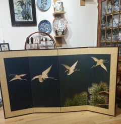 Antique Japanese Folding Chamber Screen / Paravent 20th century Japan Cranes