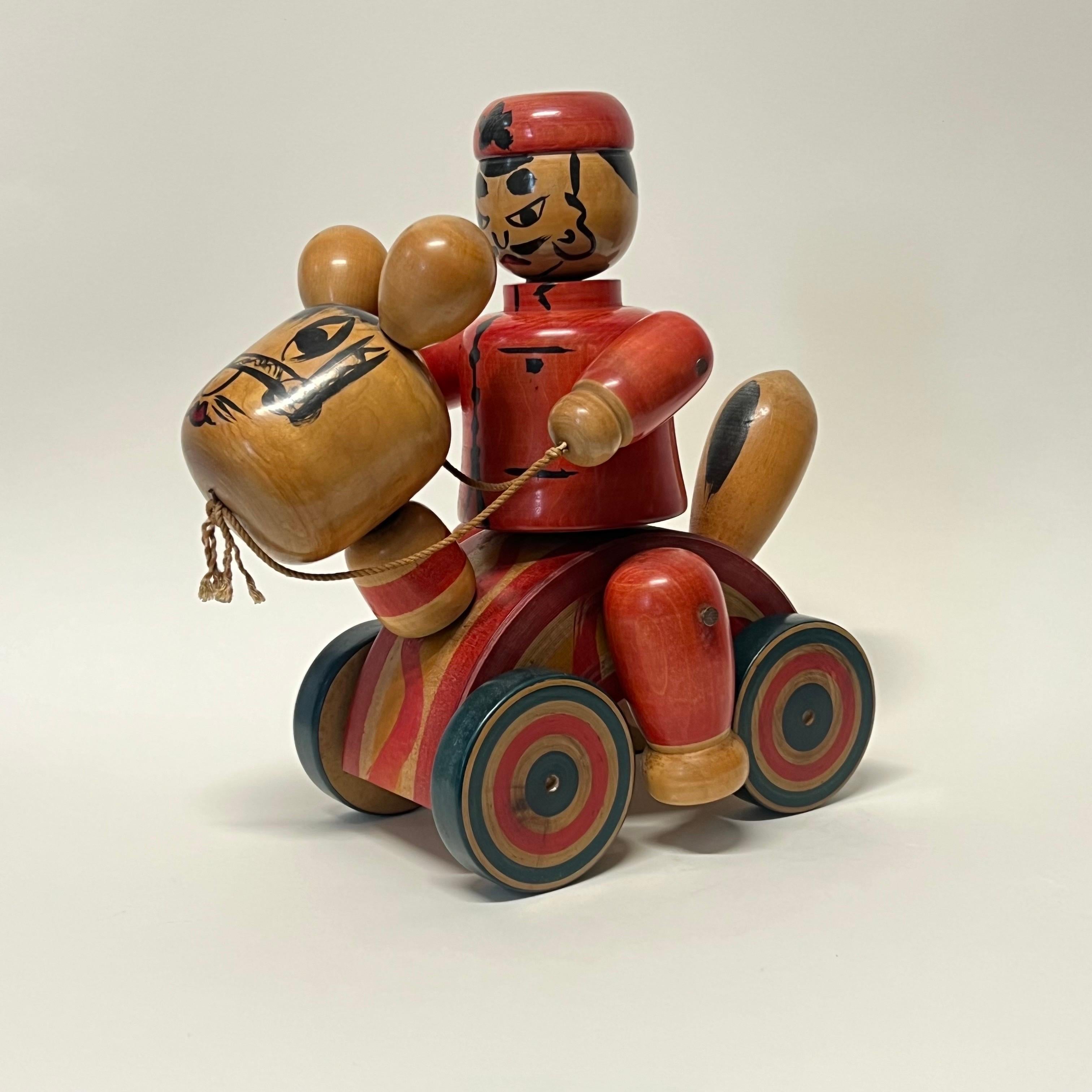 20th Century Antique Japanese Folk Art Mingei Large Wood Pull Toy Meiji Period For Sale