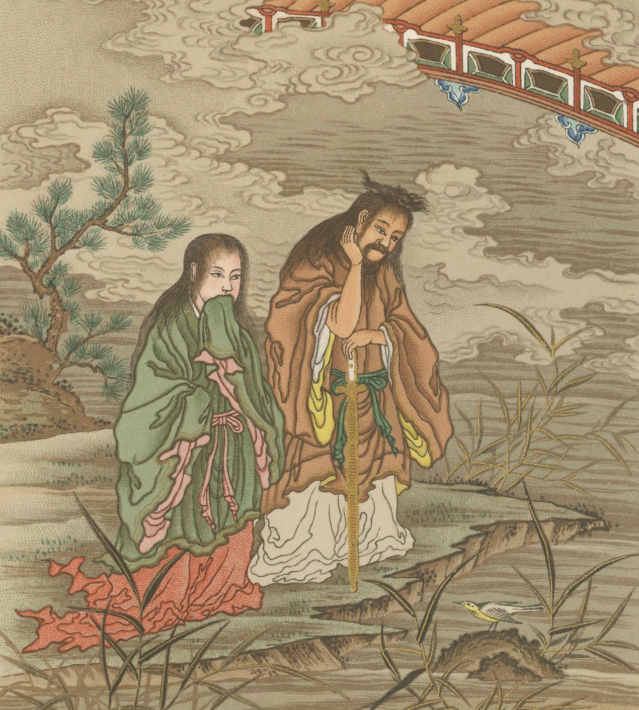 Antiker japanischer Folklore-Druck: Sechs mythische Szenen in reichhaltigen Farben, 19. Jahrhundert

Dieser fesselnde japanische Druck aus dem 19. Jahrhundert zeigt einen lebendigen Wandteppich mit sechs verschiedenen Szenen aus der japanischen