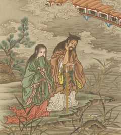 Antique Japanese Folklore Print: Six Mythical Scenes in Rich Color, 19th Century