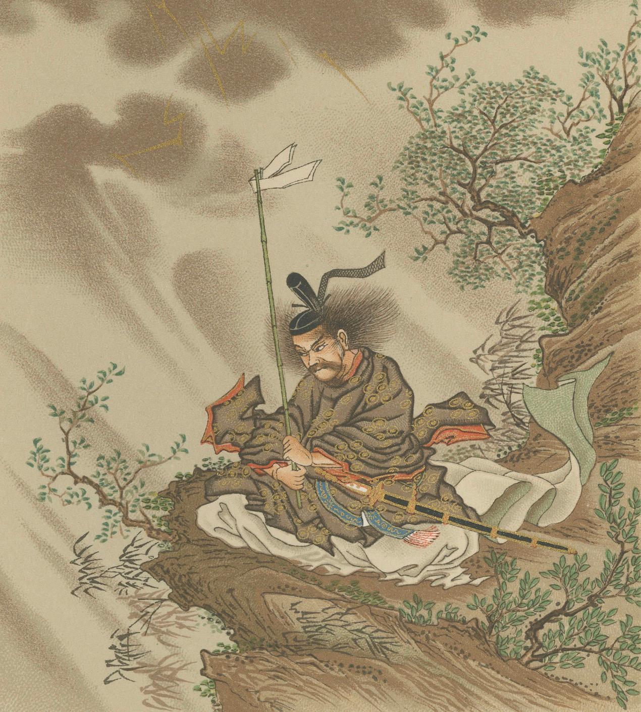 Antiker japanischer Folklore-Druck: Sechs mythische Szenen in reichhaltigen Farben, 19. Jahrhundert im Zustand „Gut“ im Angebot in Langweer, NL