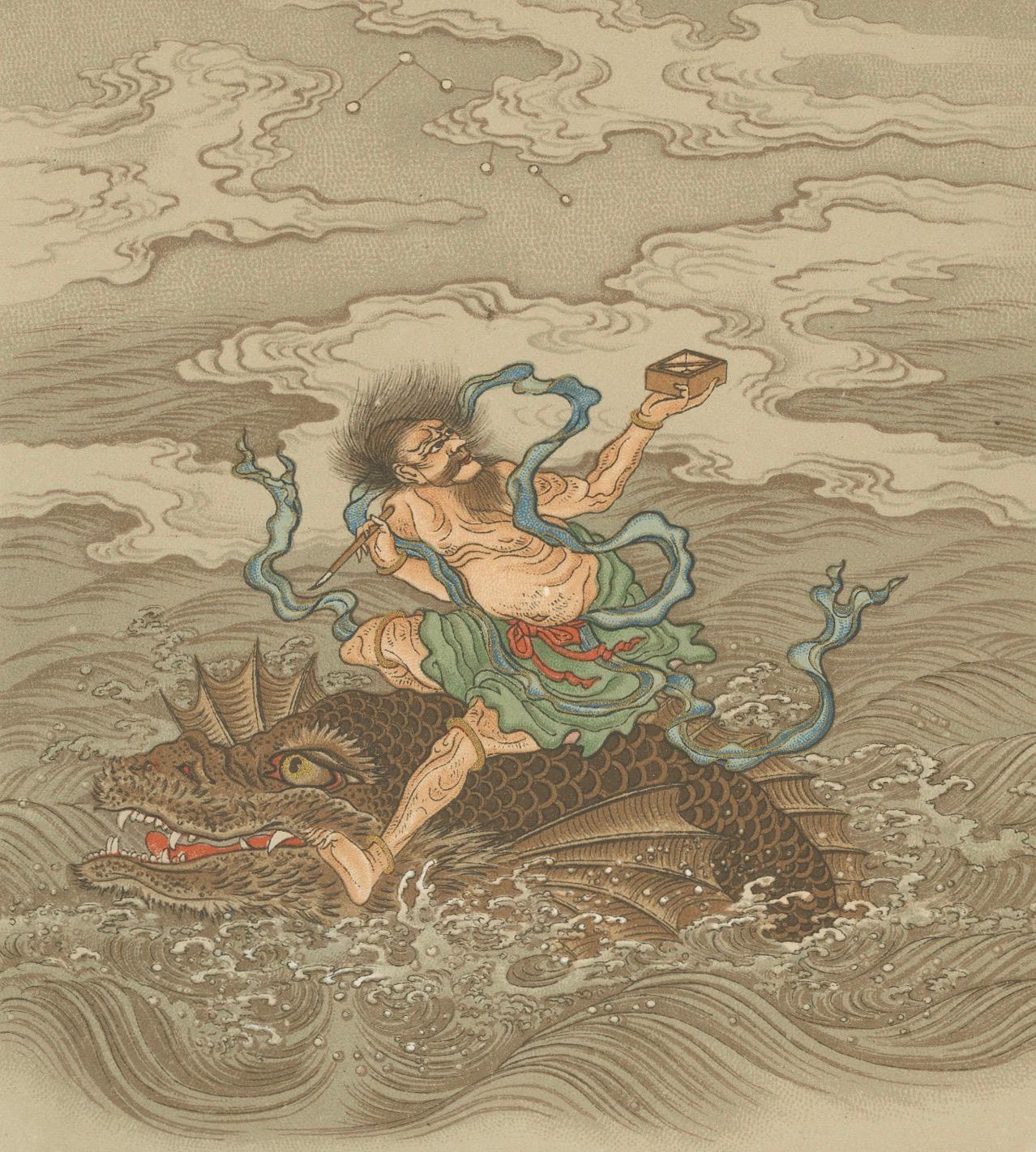 Antiker japanischer Folklore-Druck: Sechs mythische Szenen in reichhaltigen Farben, 19. Jahrhundert (Spätes 19. Jahrhundert) im Angebot