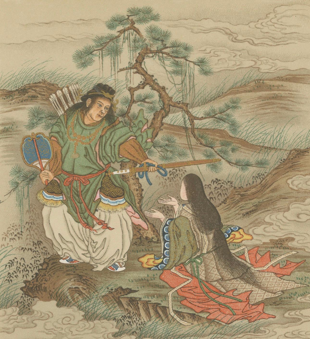 Antiker japanischer Folklore-Druck: Sechs mythische Szenen in reichhaltigen Farben, 19. Jahrhundert (Papier) im Angebot