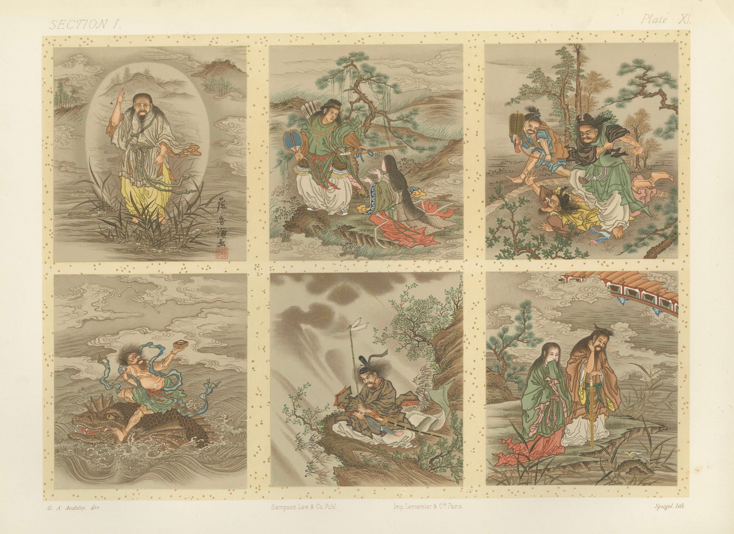 Antiker japanischer Folklore-Druck: Sechs mythische Szenen in reichhaltigen Farben, 19. Jahrhundert im Angebot 2