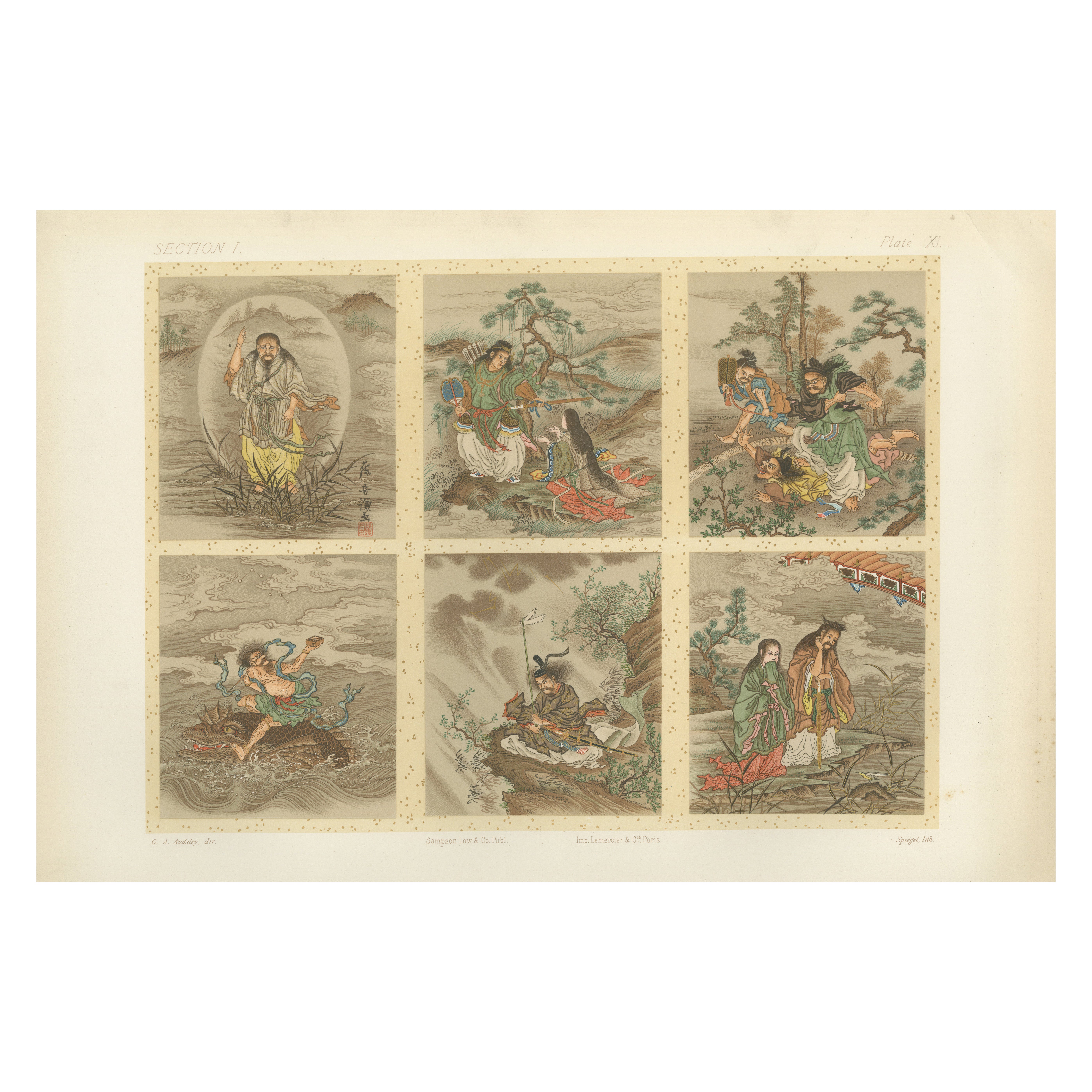 Impression folklorique japonaise ancienne : six scènes mythiques aux couleurs riches, 19e siècle