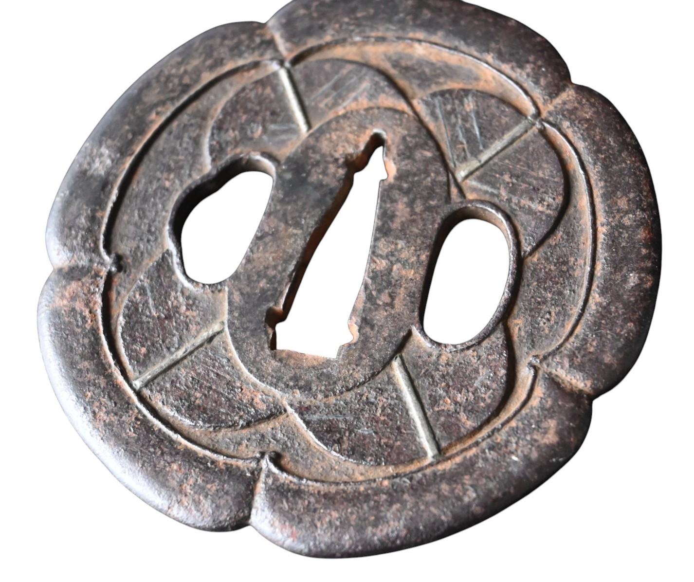 Forged Antique japanese forged iron tsuba from the Edo period For Sale