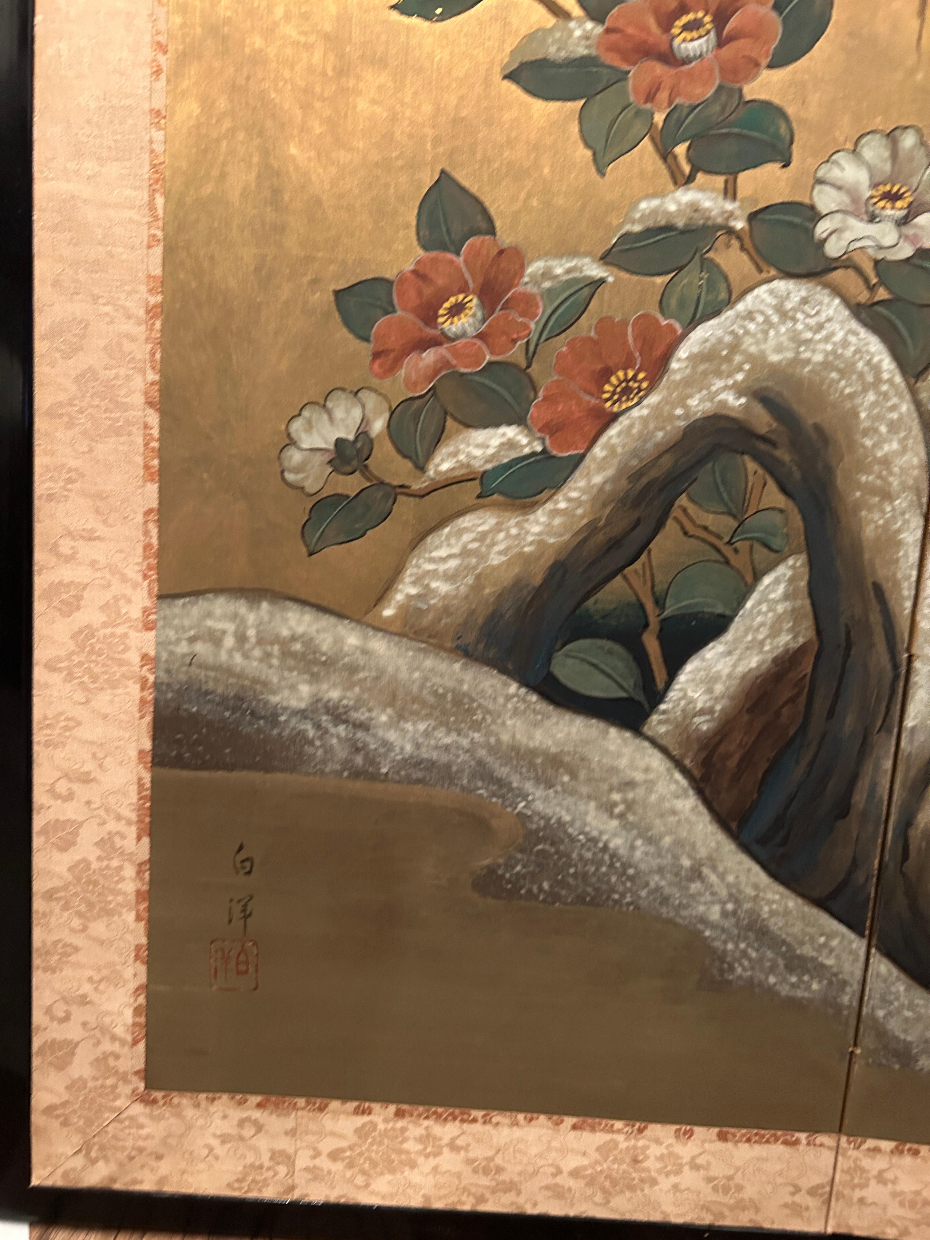 Antiker japanischer Byobu-Raumteiler mit vier Tafeln: Mandarin-Enten von Snowy Pond, frühe Zeit  im Angebot 3