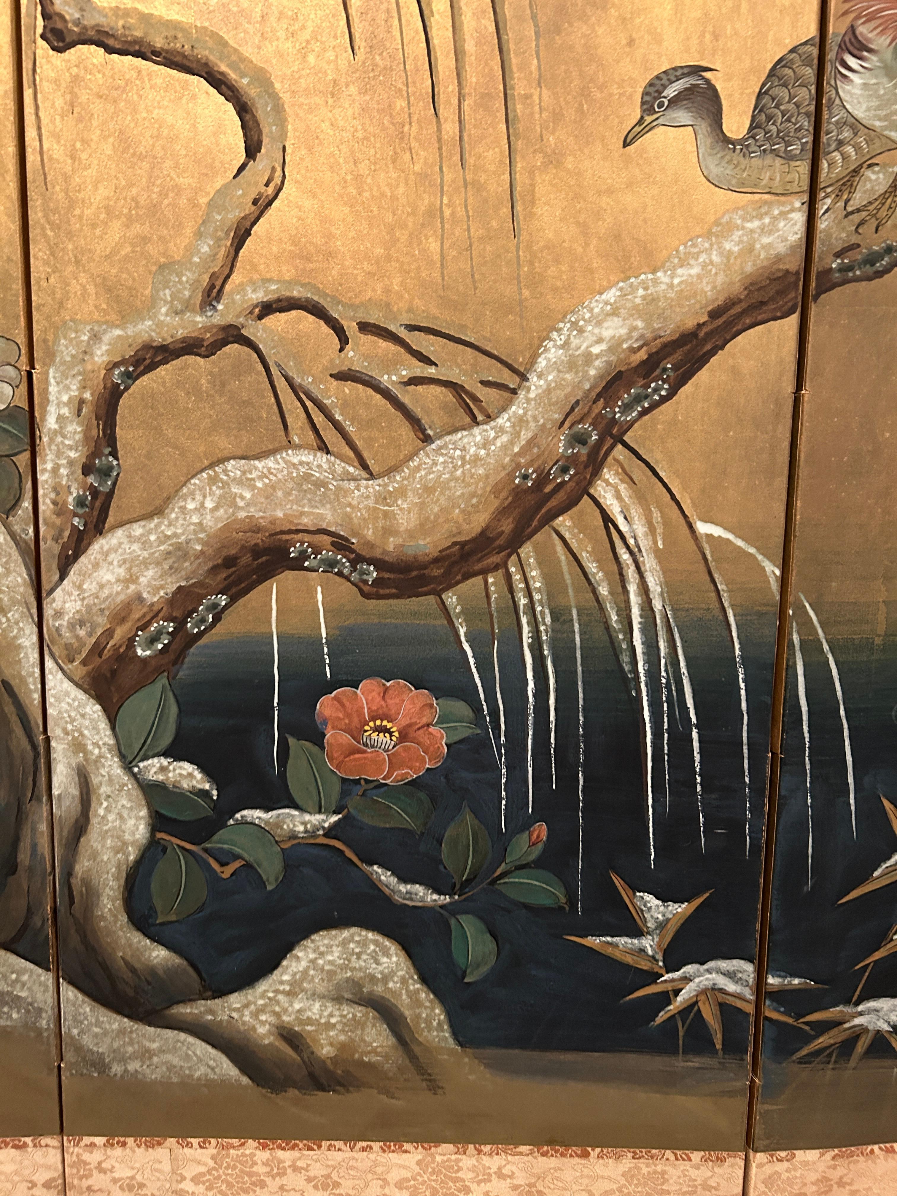 Antique Japanese Four Panel Byobu Screen: Mandarin Ducks by Snowy Pond in Early  For Sale 4