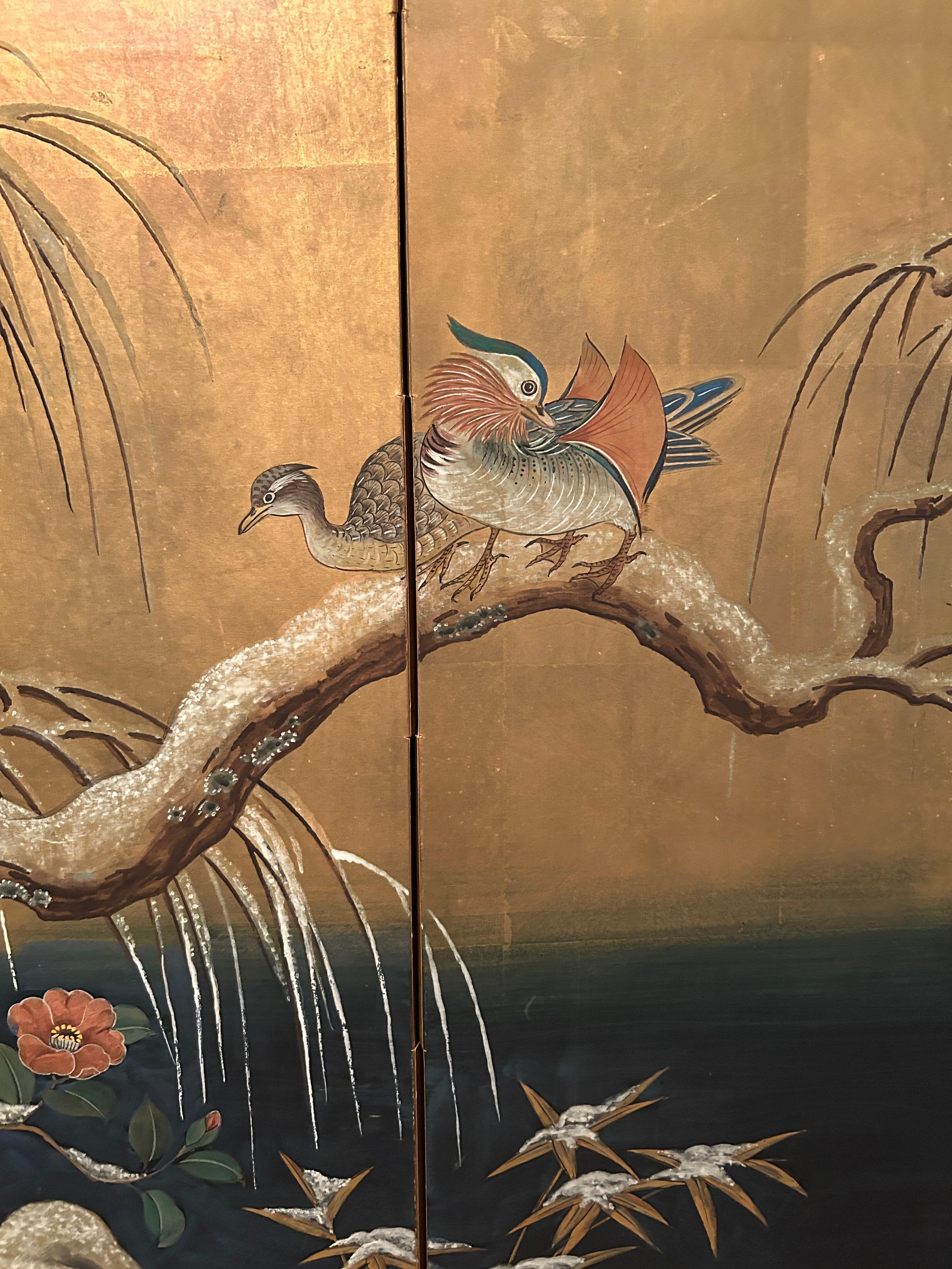 Antique Japanese Four Panel Byobu Screen: Mandarin Ducks by Snowy Pond in Early  For Sale 5