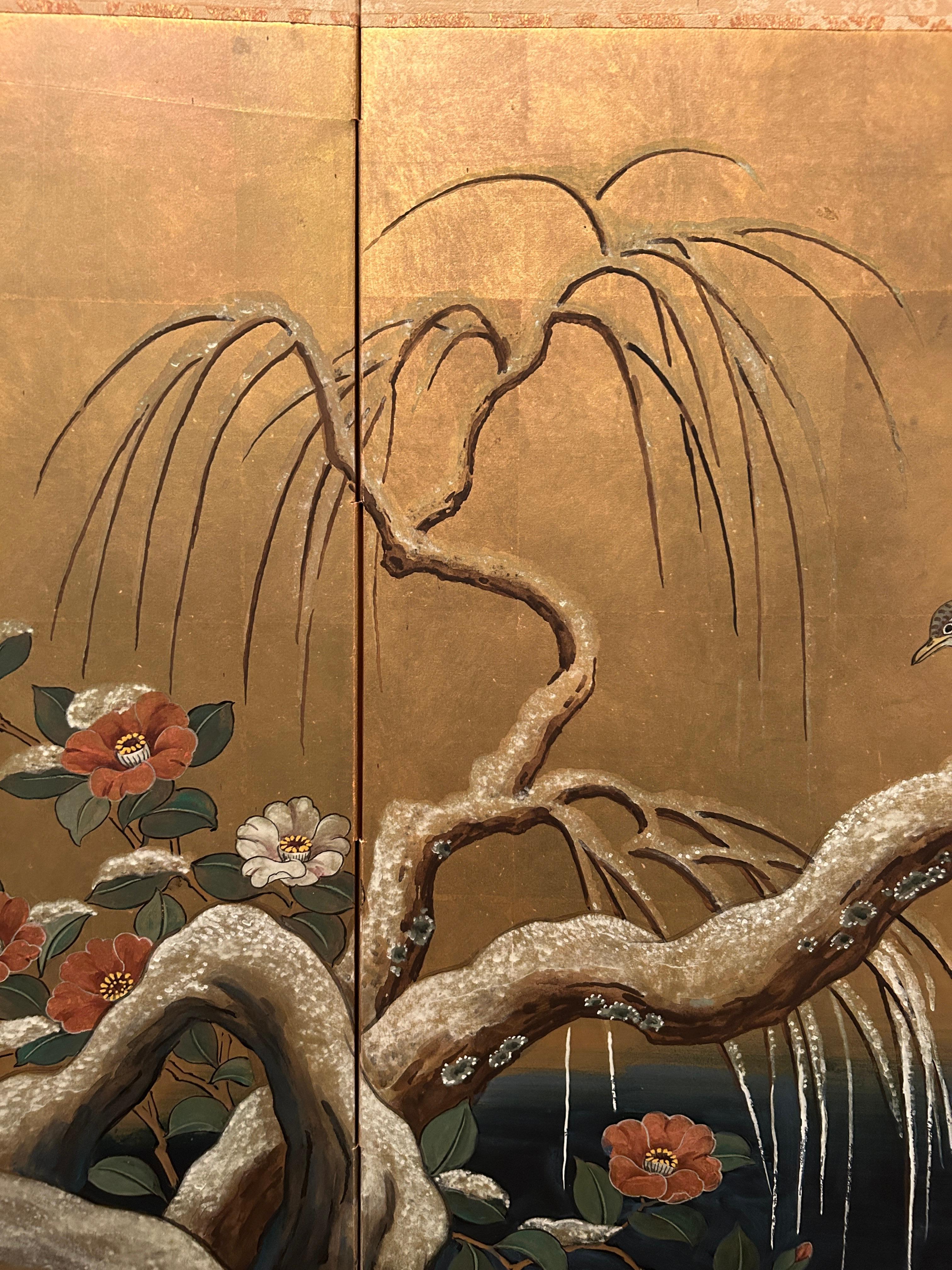 Antique Japanese Four Panel Byobu Screen: Mandarin Ducks by Snowy Pond in Early  For Sale 6