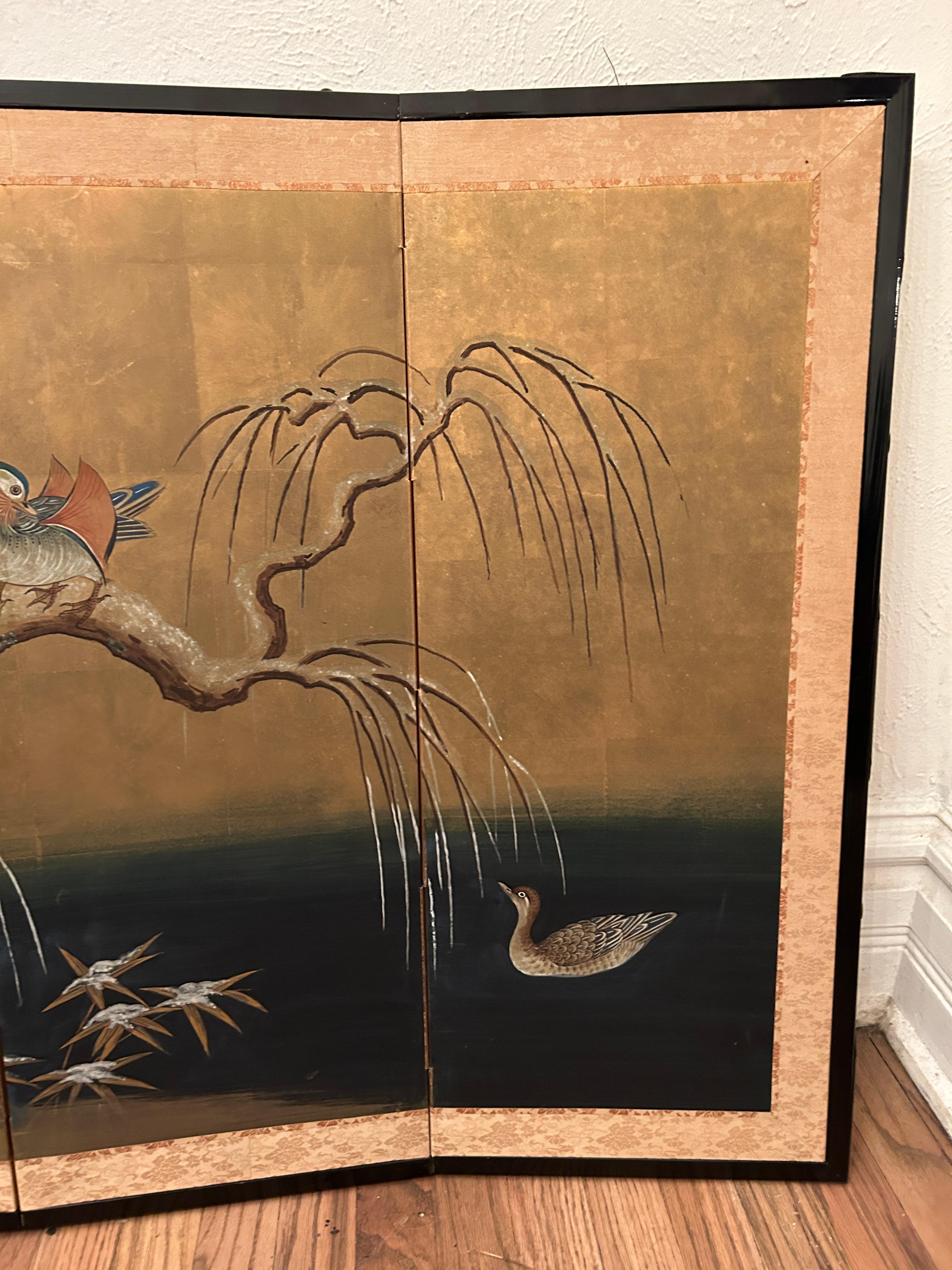 Antique Japanese Four Panel Byobu Screen: Mandarin Ducks by Snowy Pond in Early  For Sale 7