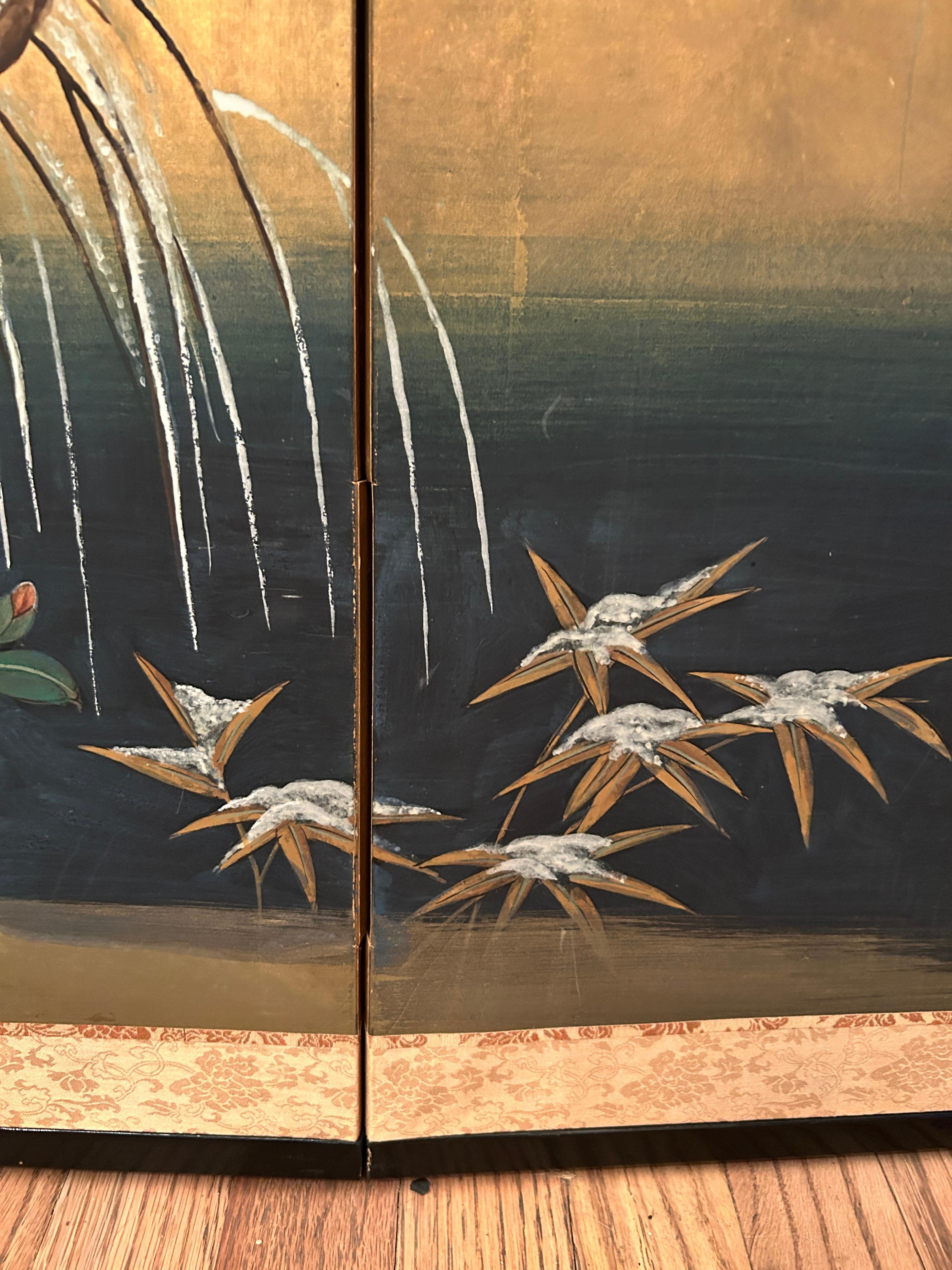 Antique Japanese Four Panel Byobu Screen: Mandarin Ducks by Snowy Pond in Early  For Sale 8