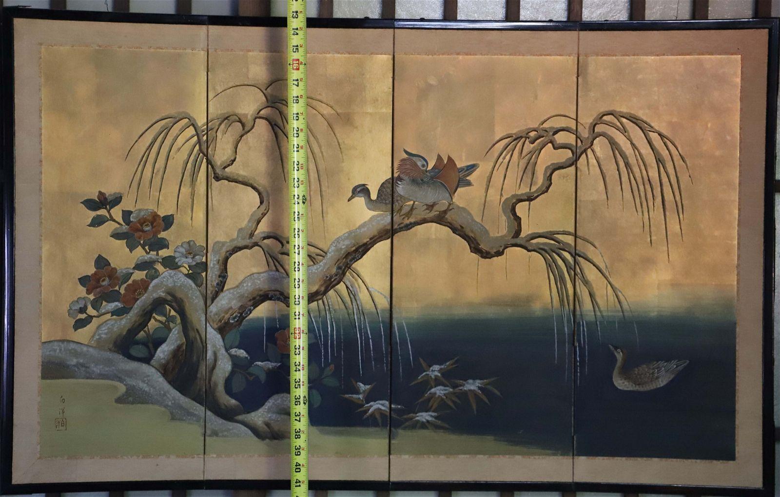 Antique Japanese Four Panel Byobu Screen: Mandarin Ducks by Snowy Pond in Early  For Sale 9