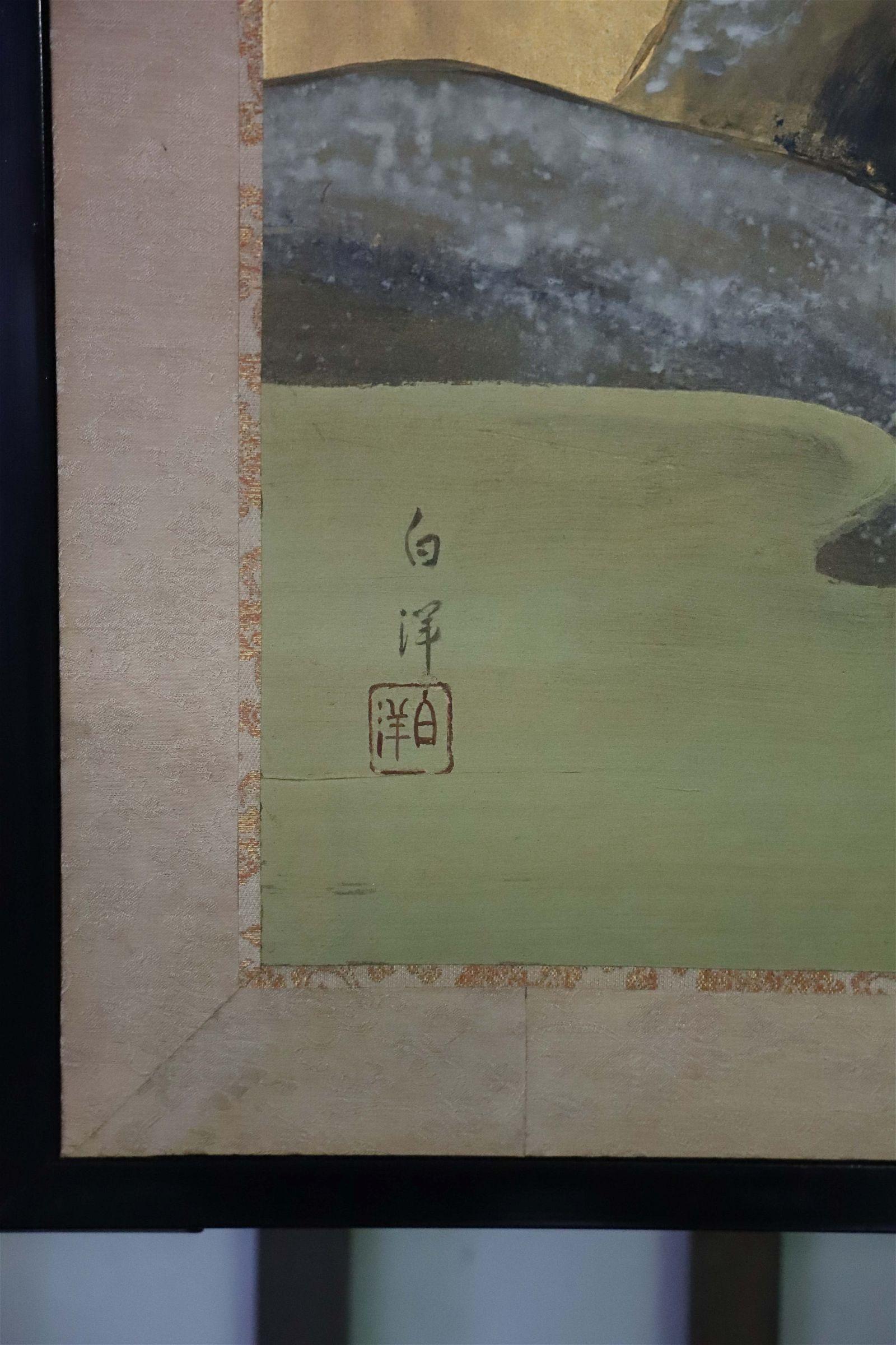 Antiker japanischer Byobu-Raumteiler mit vier Tafeln: Mandarin-Enten von Snowy Pond, frühe Zeit  im Angebot 10