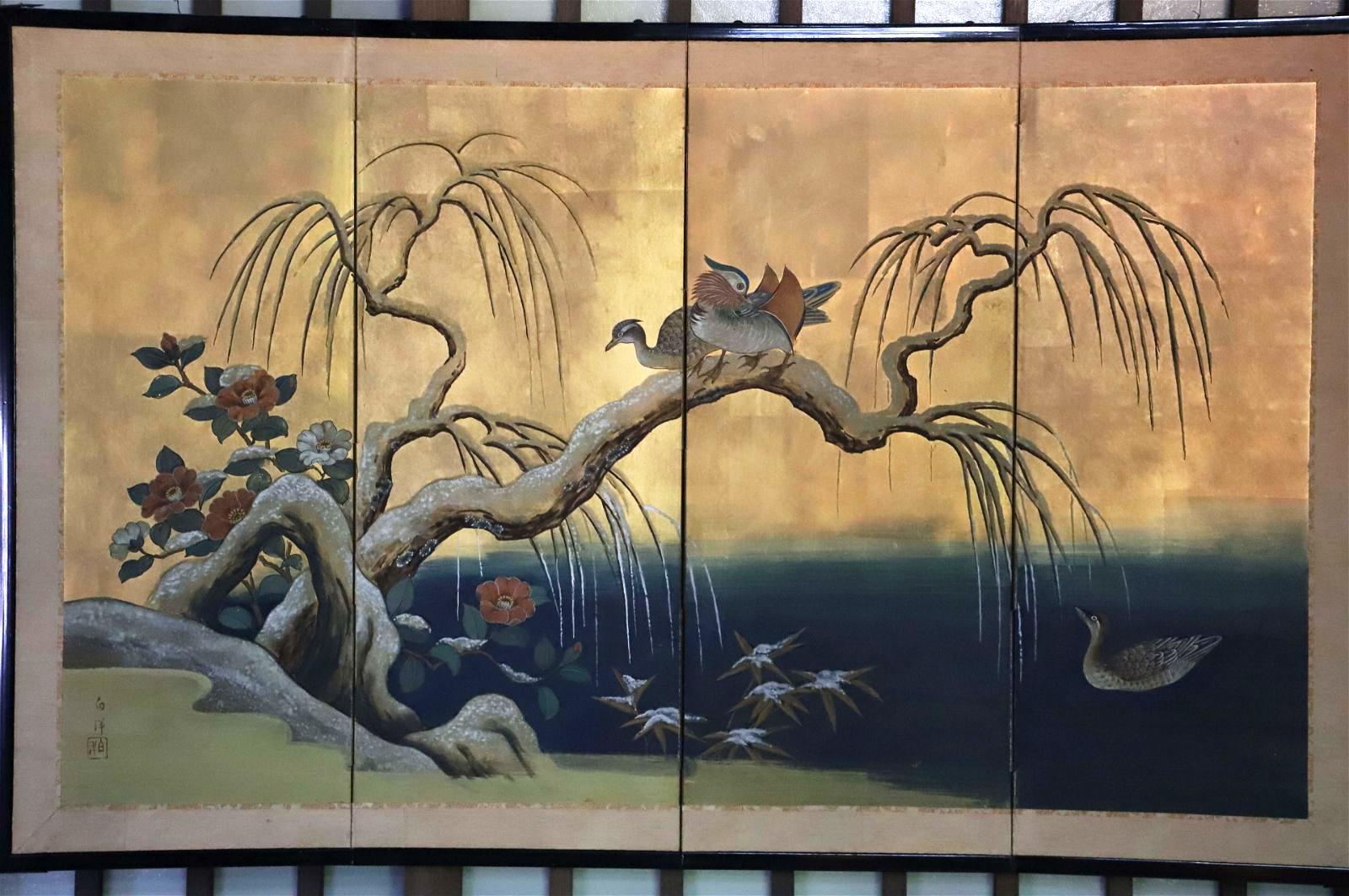 Antique Japanese Four Panel Byobu Screen: Mandarin Ducks by Snowy Pond in Early  For Sale 11