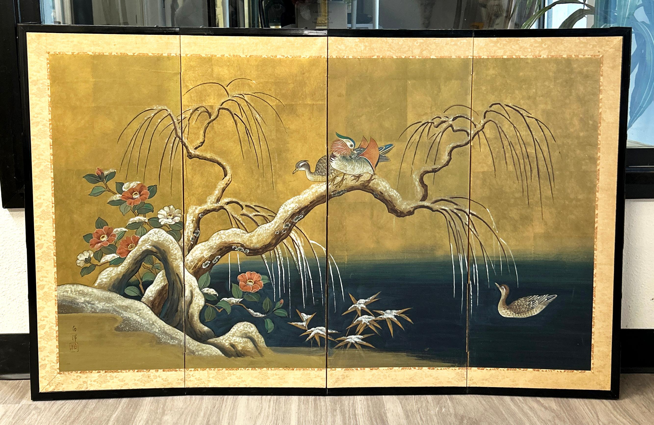 Meiji Antique Japanese Four Panel Byobu Screen: Mandarin Ducks by Snowy Pond in Early  For Sale