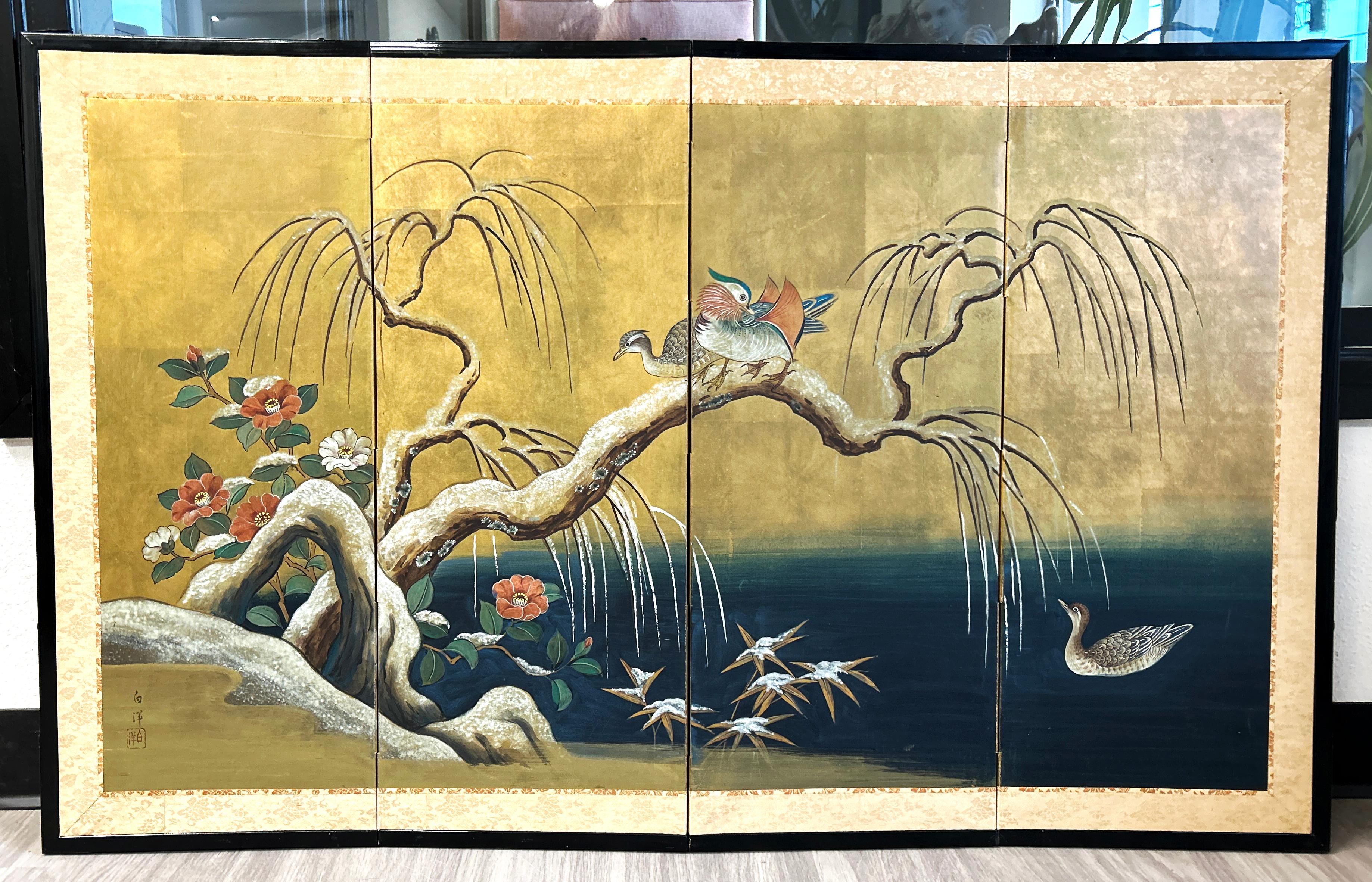 Antiker japanischer Byobu-Raumteiler mit vier Tafeln: Mandarin-Enten von Snowy Pond, frühe Zeit  (Handgefertigt) im Angebot