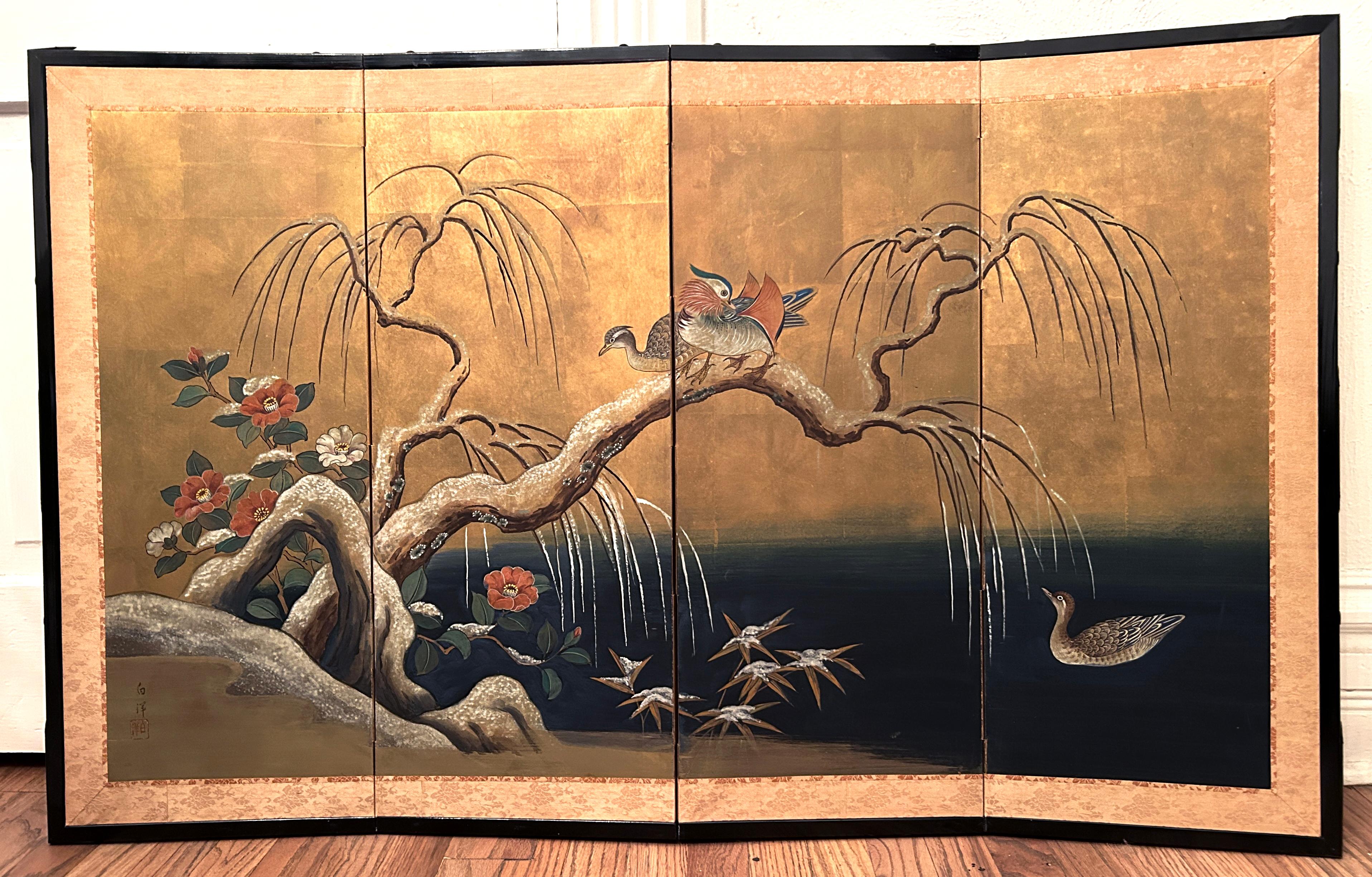 Antique Japanese Four Panel Byobu Screen: Mandarin Ducks by Snowy Pond in Early  In Good Condition For Sale In Sheridan, CO