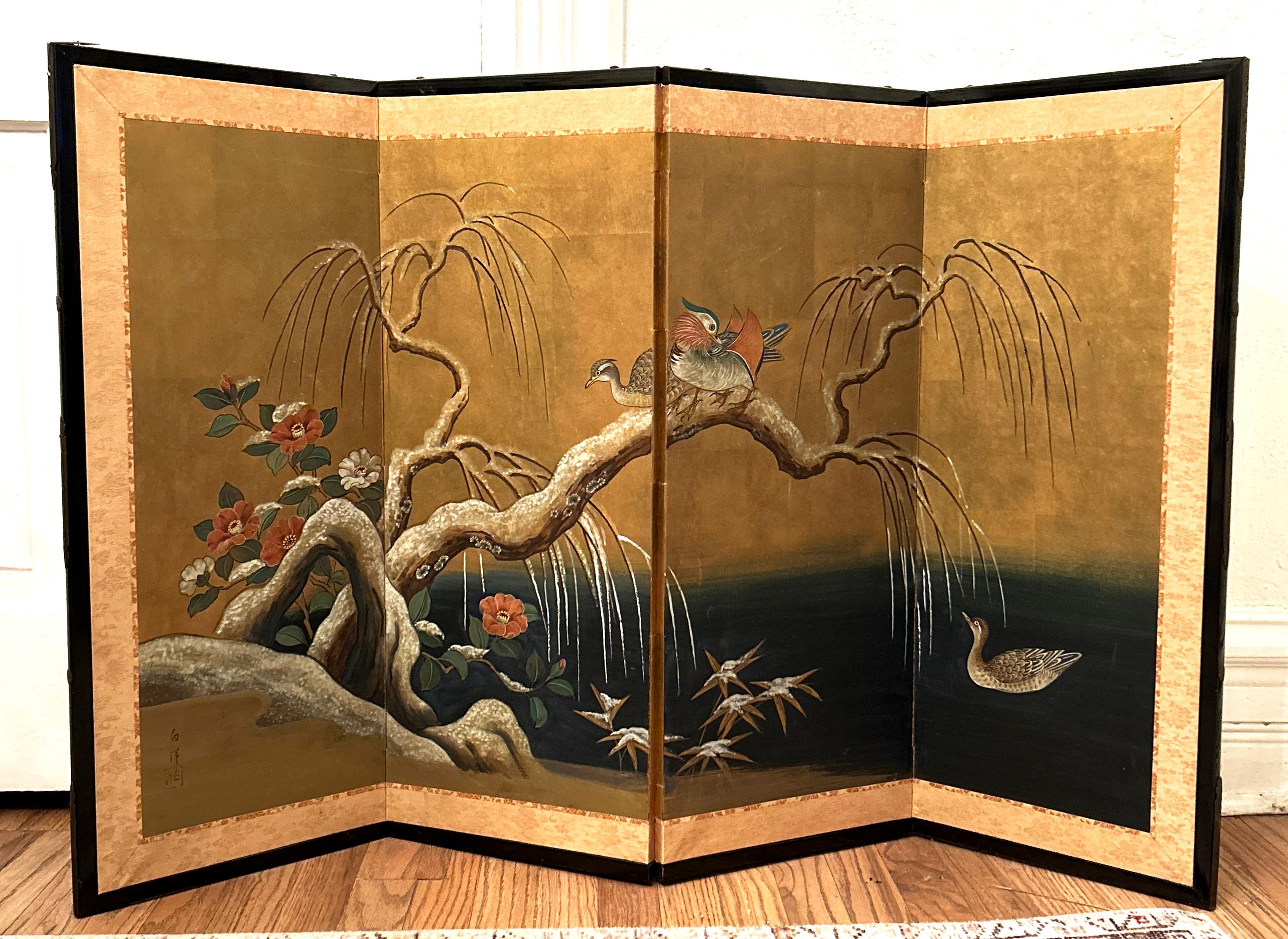 20th Century Antique Japanese Four Panel Byobu Screen: Mandarin Ducks by Snowy Pond in Early  For Sale