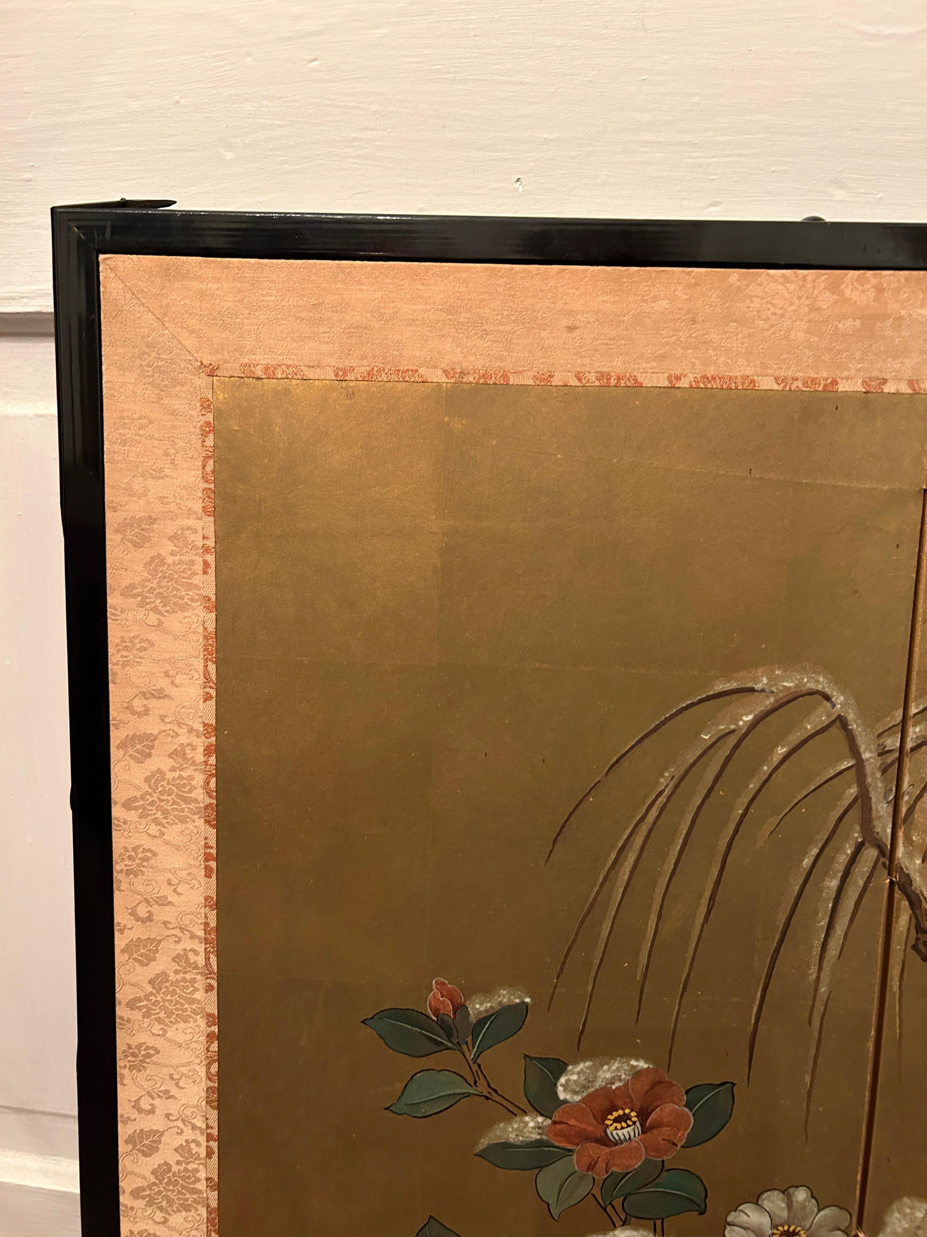 Antique Japanese Four Panel Byobu Screen: Mandarin Ducks by Snowy Pond in Early  For Sale 2