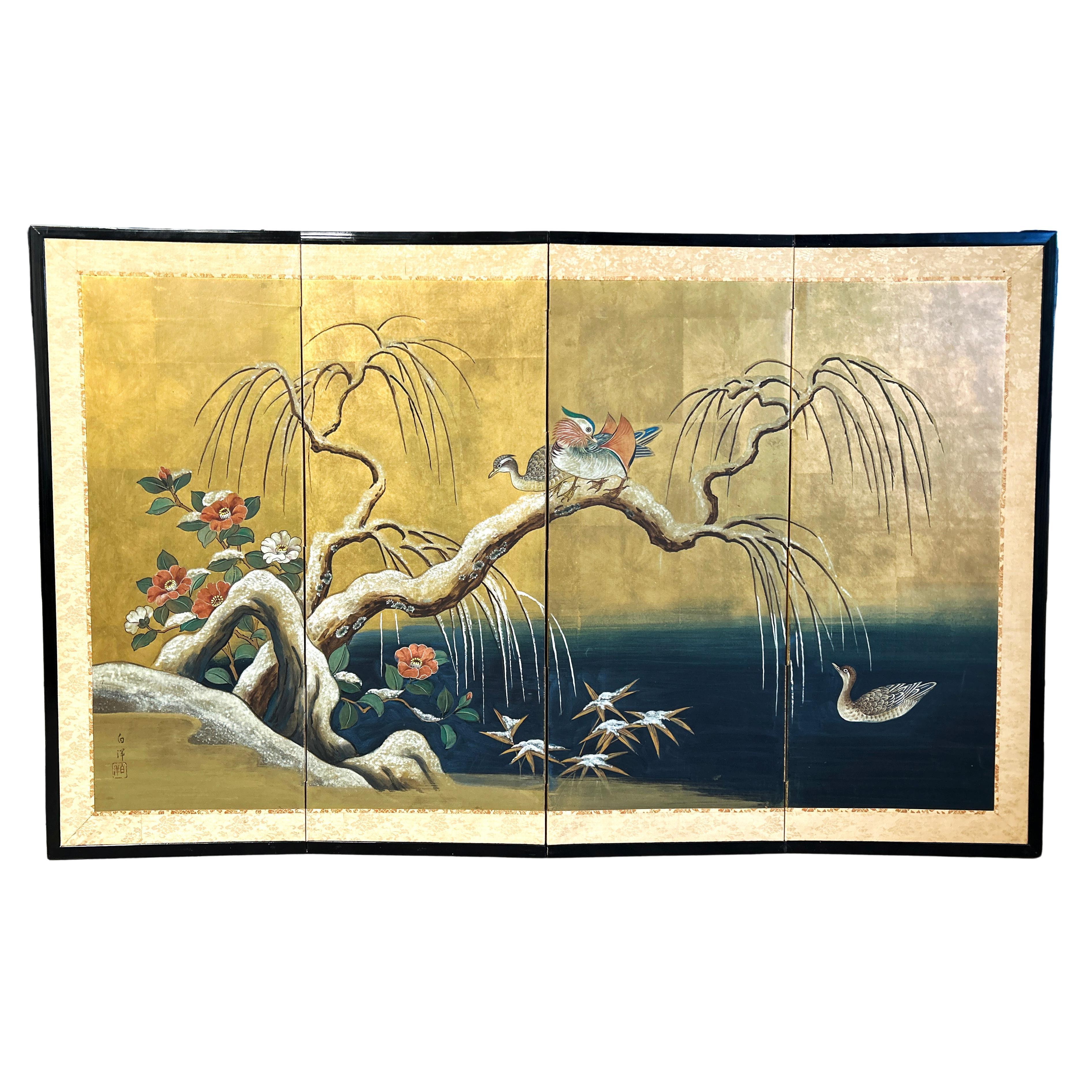 Antique Japanese Four Panel Byobu Screen: Mandarin Ducks by Snowy Pond in Early  For Sale