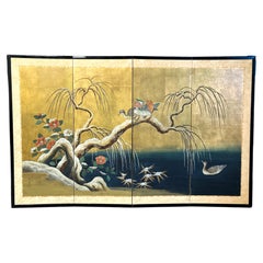 Écran Byobu japonais ancien à quatre panneaux : canards mandarins par étang enneigé 