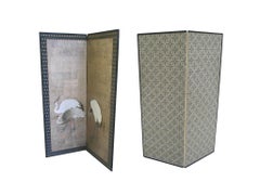 Antique Japanese Four-Panel Folding Screen with Hand-Painted Cranes