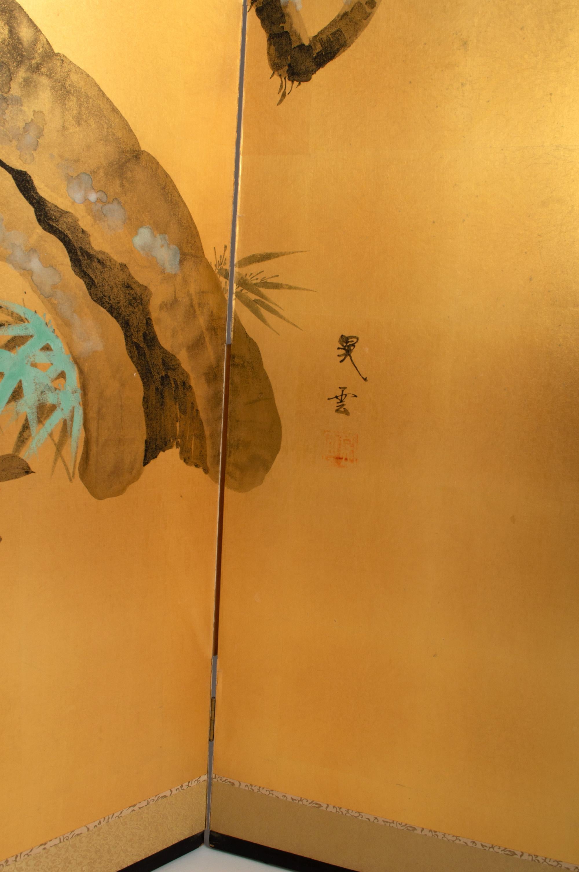 Silk Antique Japanese Four-Panel Screen ‘Byobu’, Nihonga School C.1930