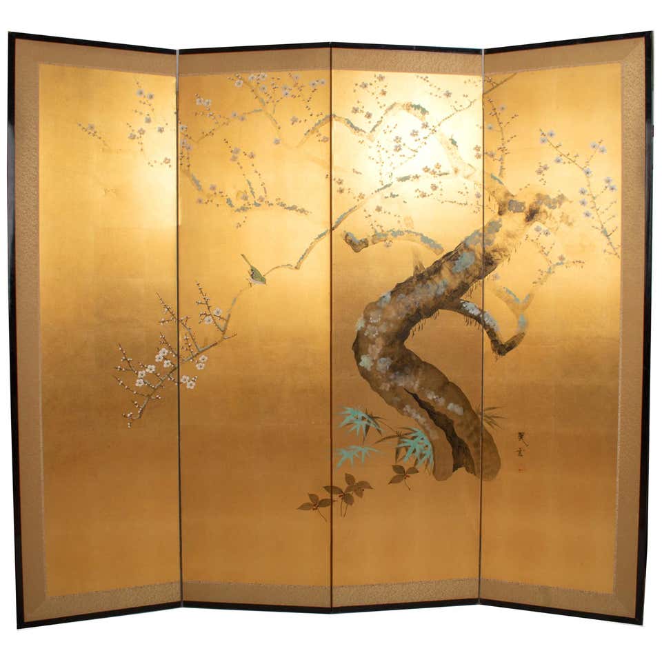 Japanese Four-Panel Folding Screen Byobu Signed Showa Period C.1950 For ...