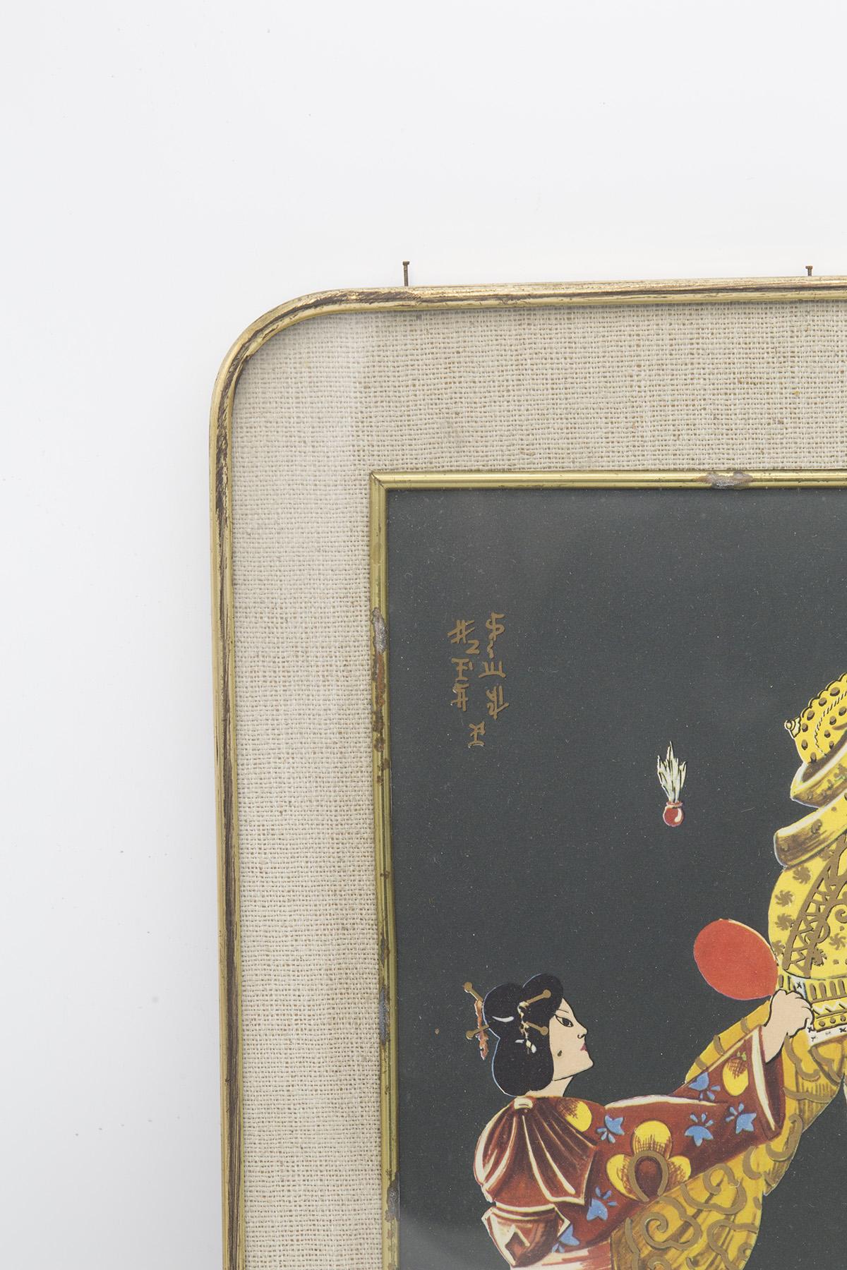 Antique and very rare Japanese painting made in the early 1900s by a fine Japanese manufacturer.
The painting has a rectangular brass frame with rounded corners. Internally we see an additional frame made of yuta, classic sand colour, very