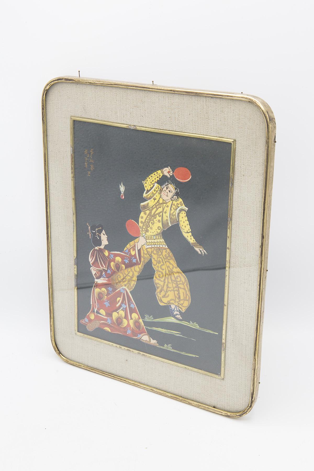 Hand-Painted Antique Japanese Framed Painting on Yuta 'Flywheel'