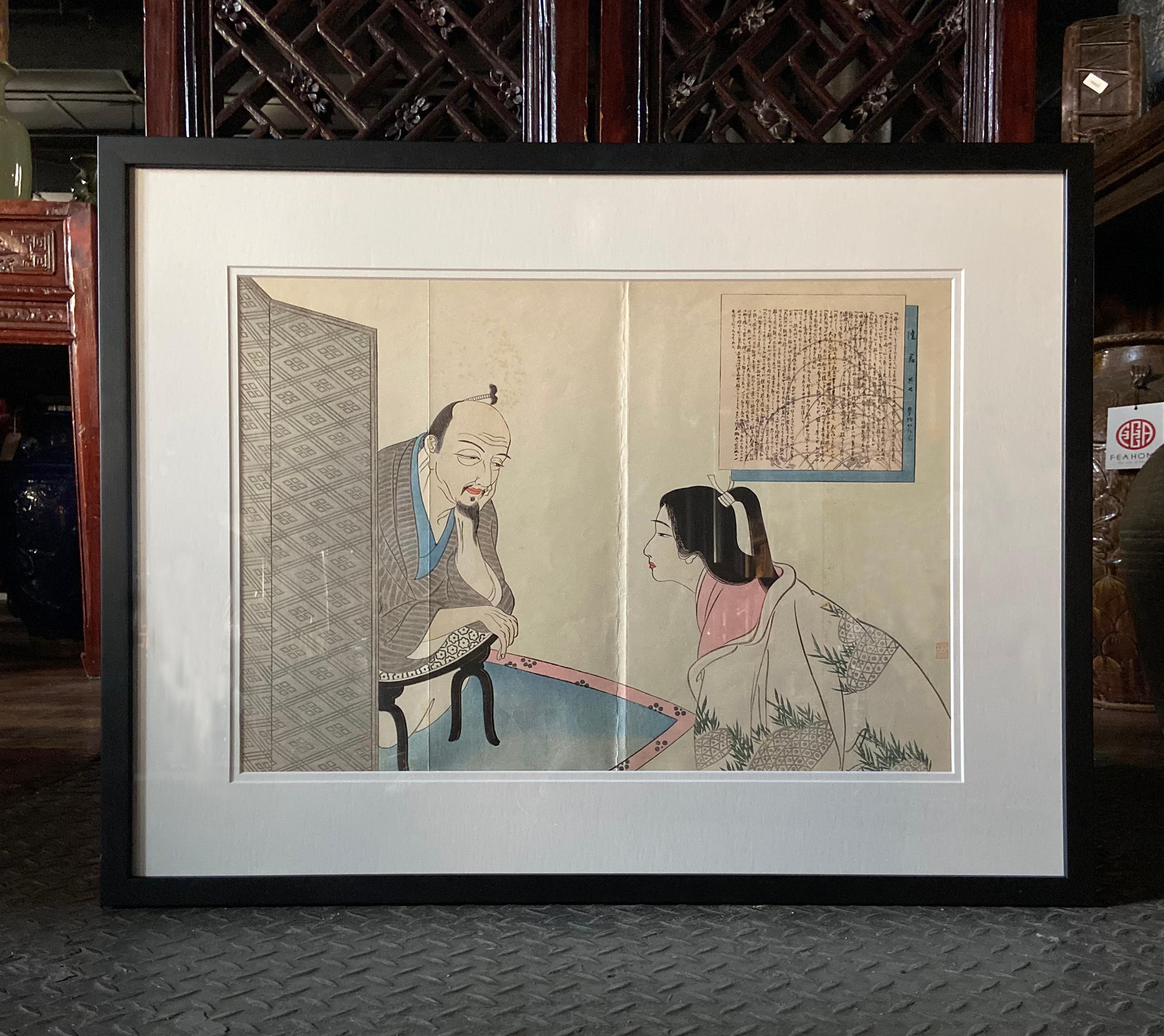 Antique Japanese Framed Woodblock Print Depicting a Man and Woman Discussing In Good Condition For Sale In Yonkers, NY
