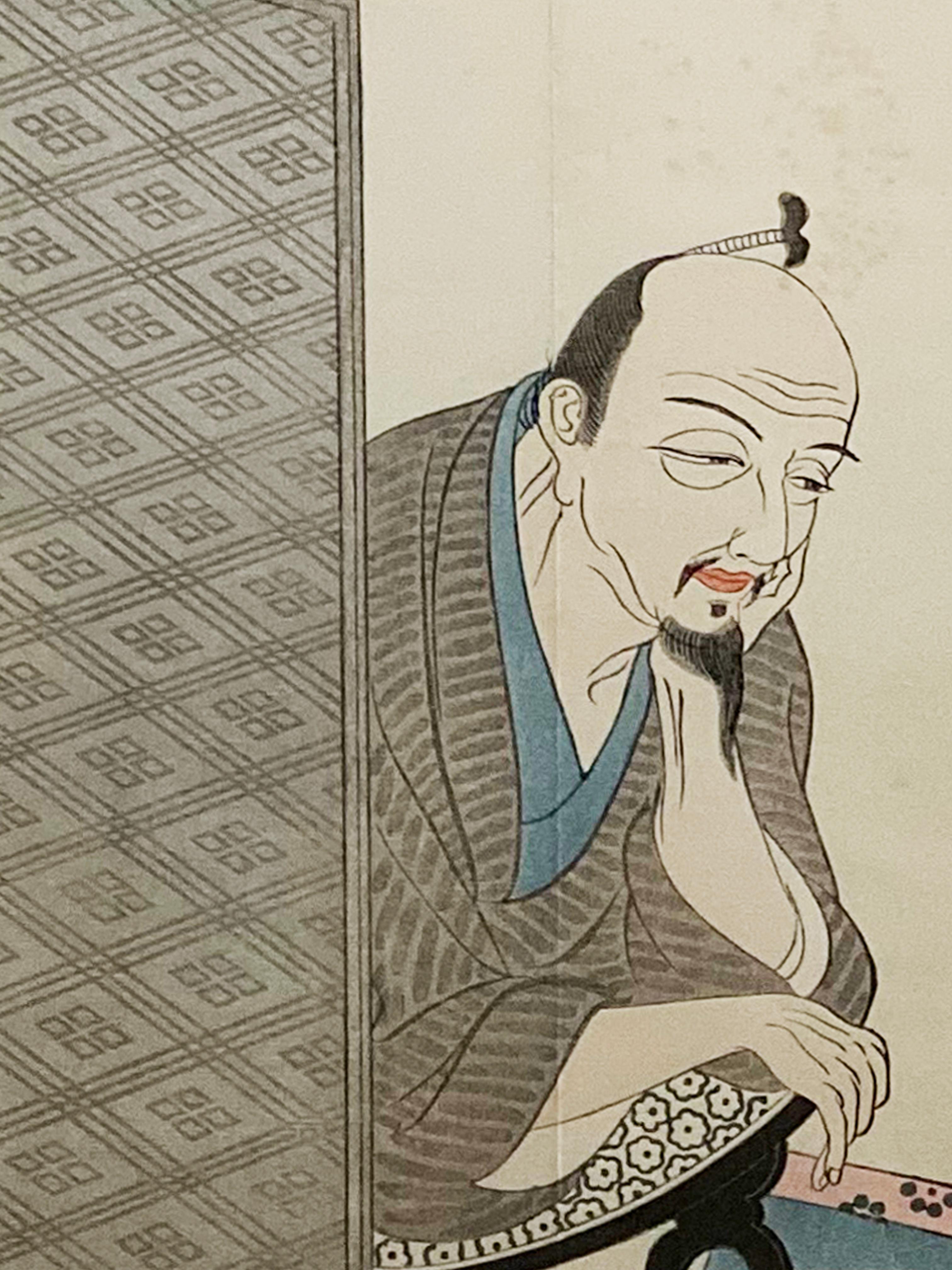 Antiker japanischer gerahmter Holzschnitt mit der Darstellung eines Mannes und einer Frau, die (Glas) im Angebot