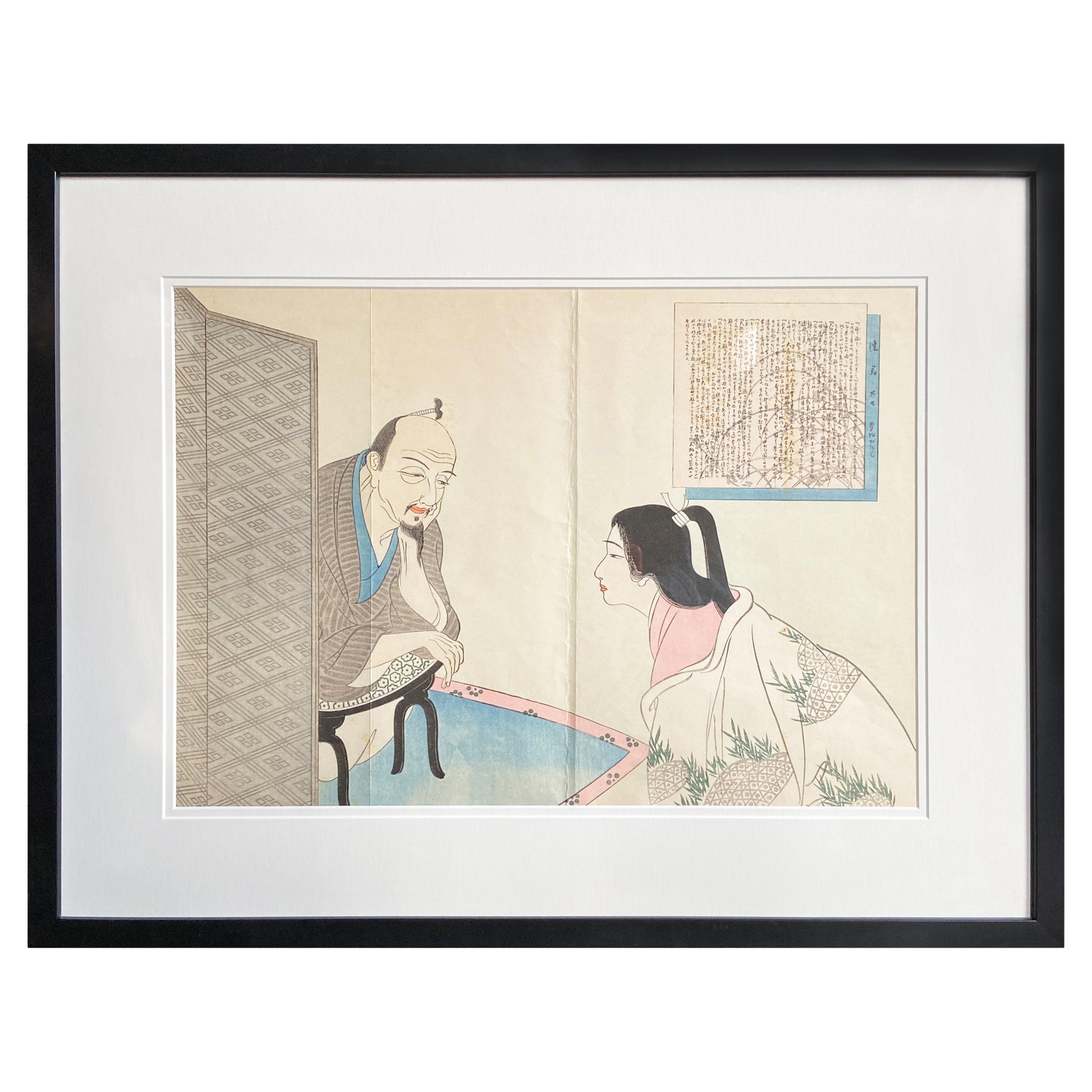 Antique Japanese Framed Woodblock Print Depicting a Man and Woman Discussing