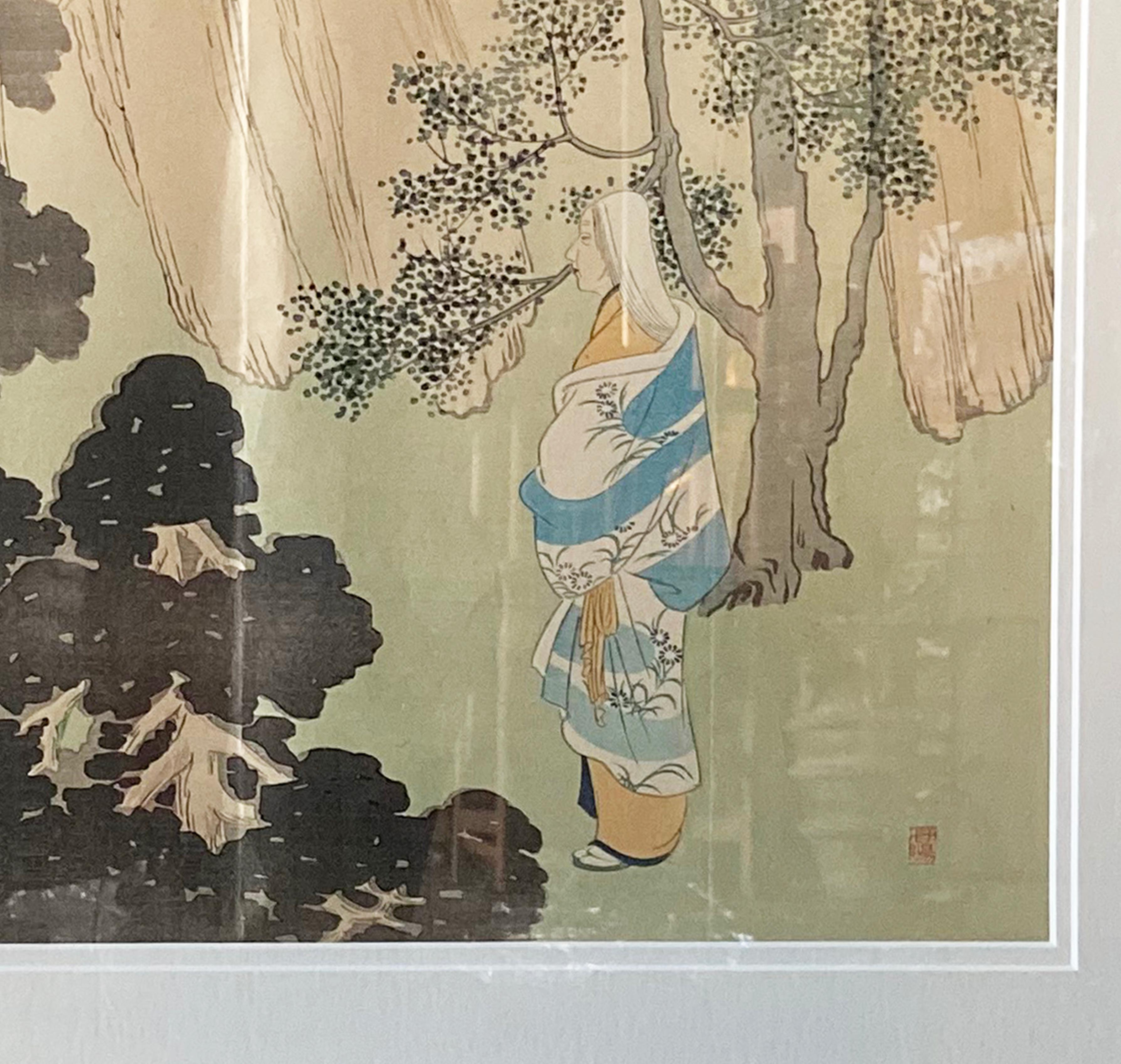 An antique Japanese woodblock print from the 19th century depicting a woman in the woods. Created in Japan during the 19th century, this woodblock print showcases an outdoor scene depicting a white haired woman walking in the woods. Coming from the