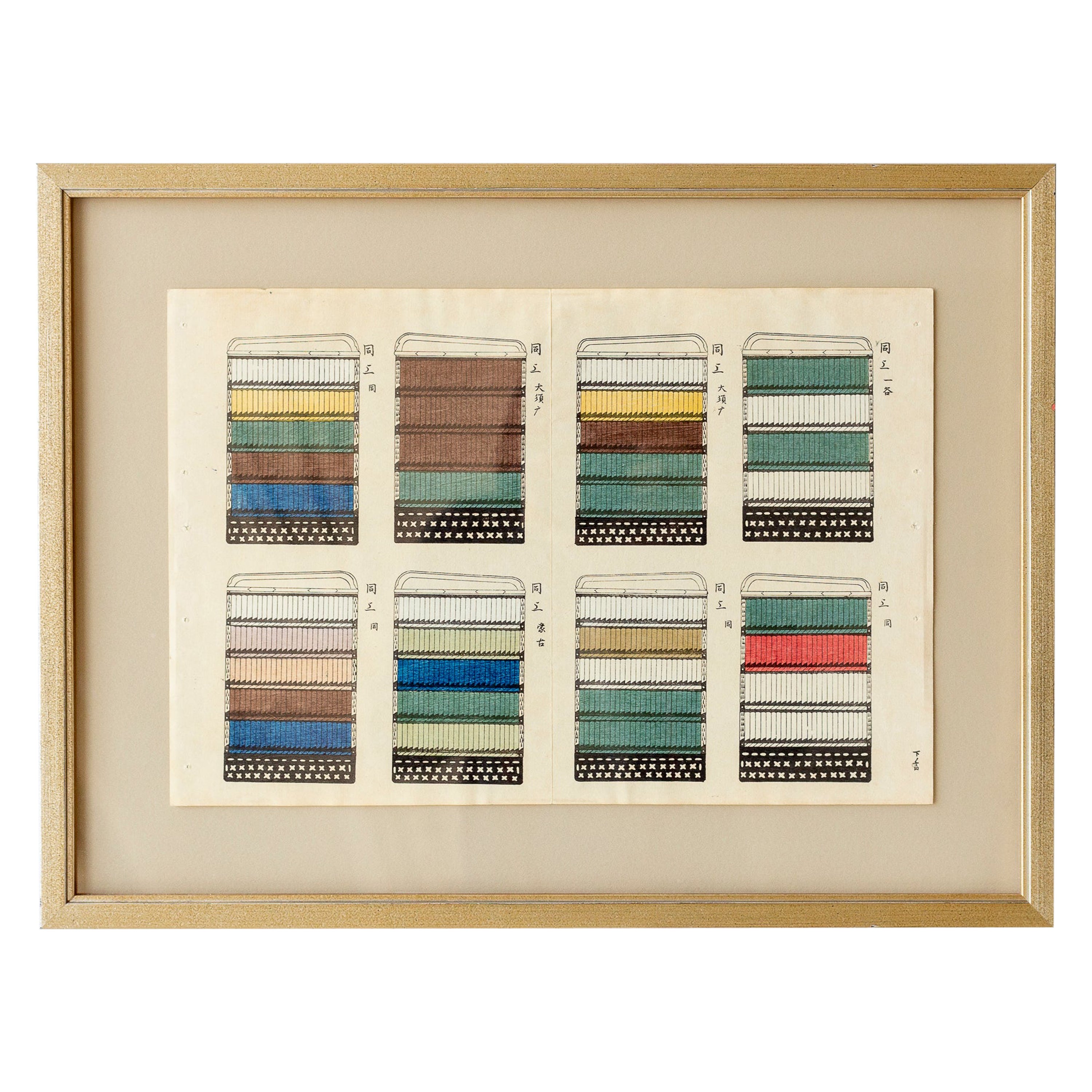 Antiker japanischer gerahmter Farbholzschnitt mit bunter Samurai-Rüstung im Angebot