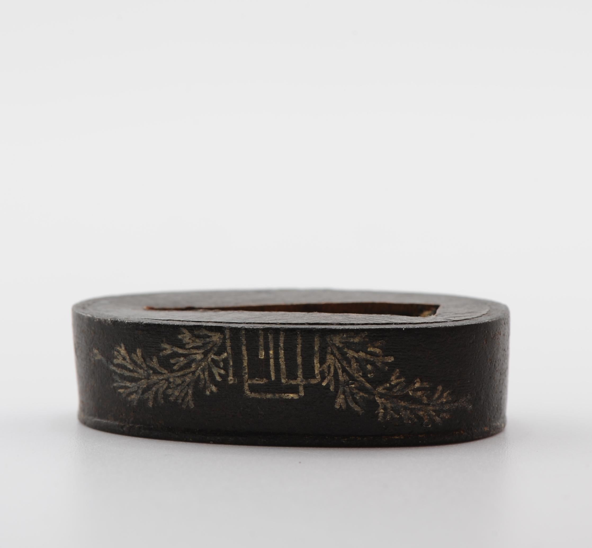 Nicely made Fuchi. The piece is unmarked. Dating to the Edo period
Provenance: Collected in the 1920’s. Thence by decent
A fuchi is a collar that is mounted at the base of the grip of a sword hilt, usually made as part of a set with a matching