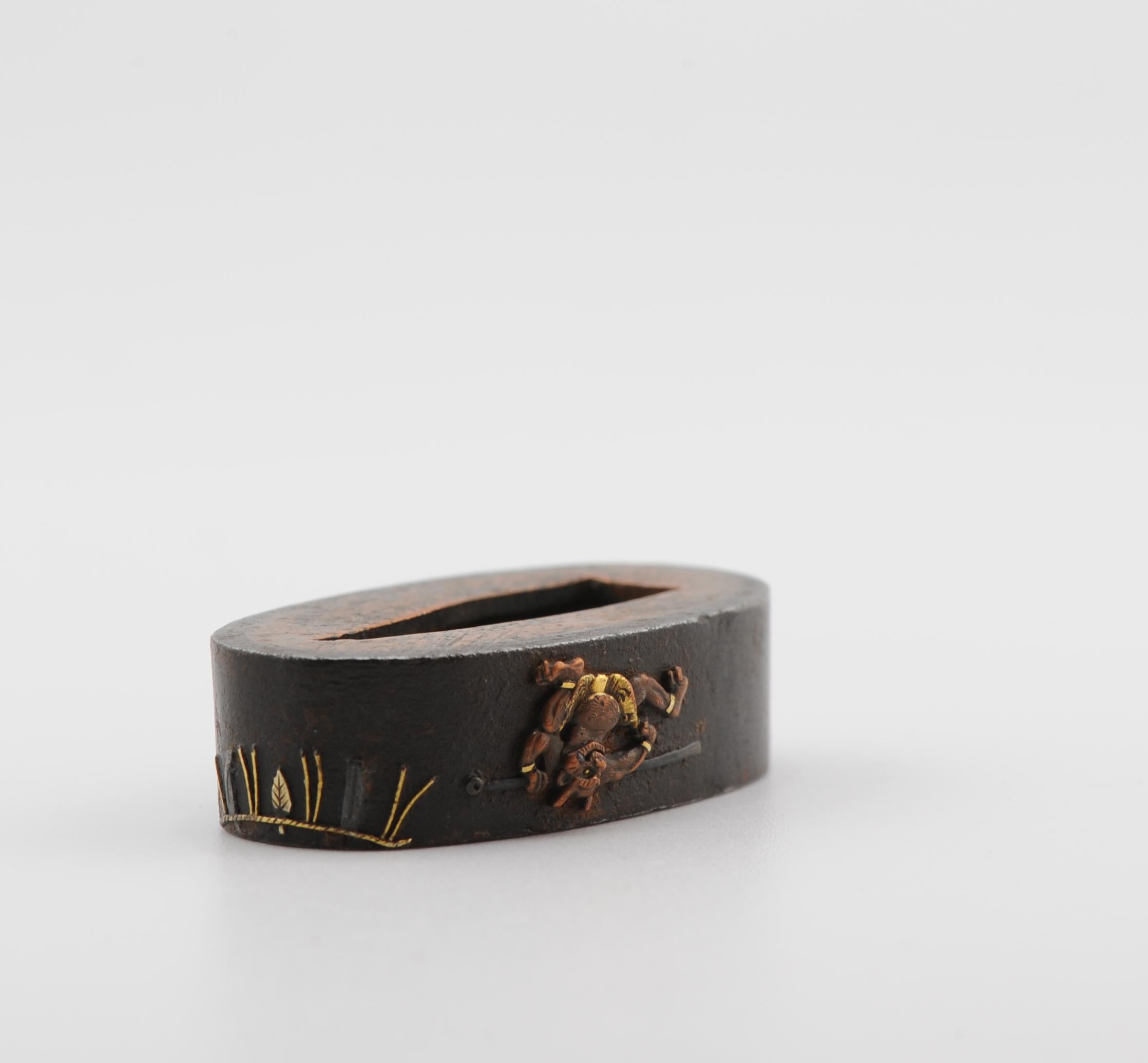Nicely made Fuchi. The piece is unmarked. Dating to the Edo period
Provenance: Collected in the 1920’s. Thence by decent
A fuchi is a collar that is mounted at the base of the grip of a sword hilt, usually made as part of a set with a matching