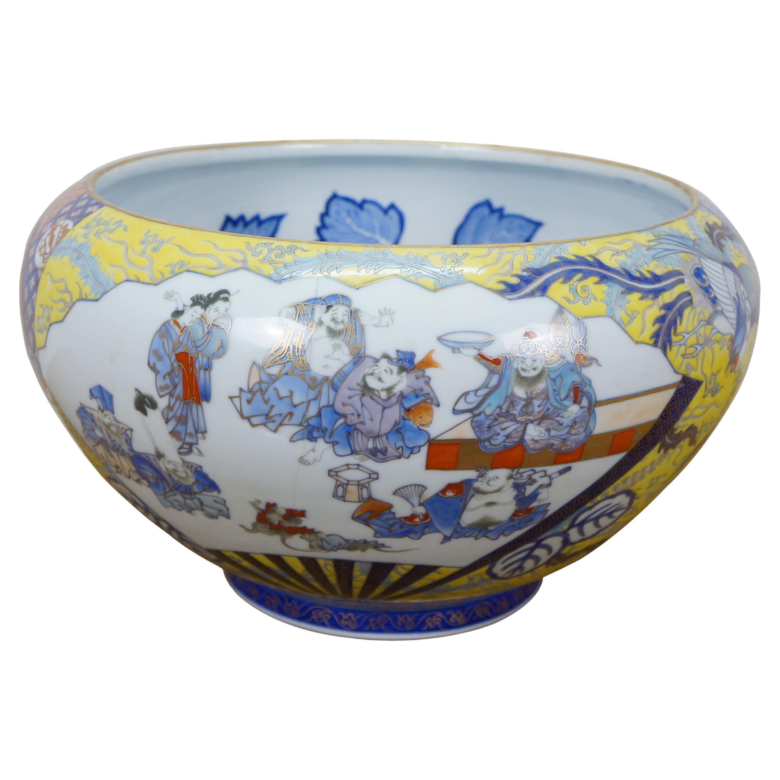 Antica ciotola giapponese Fukagawa Koransha Imari Saggi Fenice Koi 16" in vendita