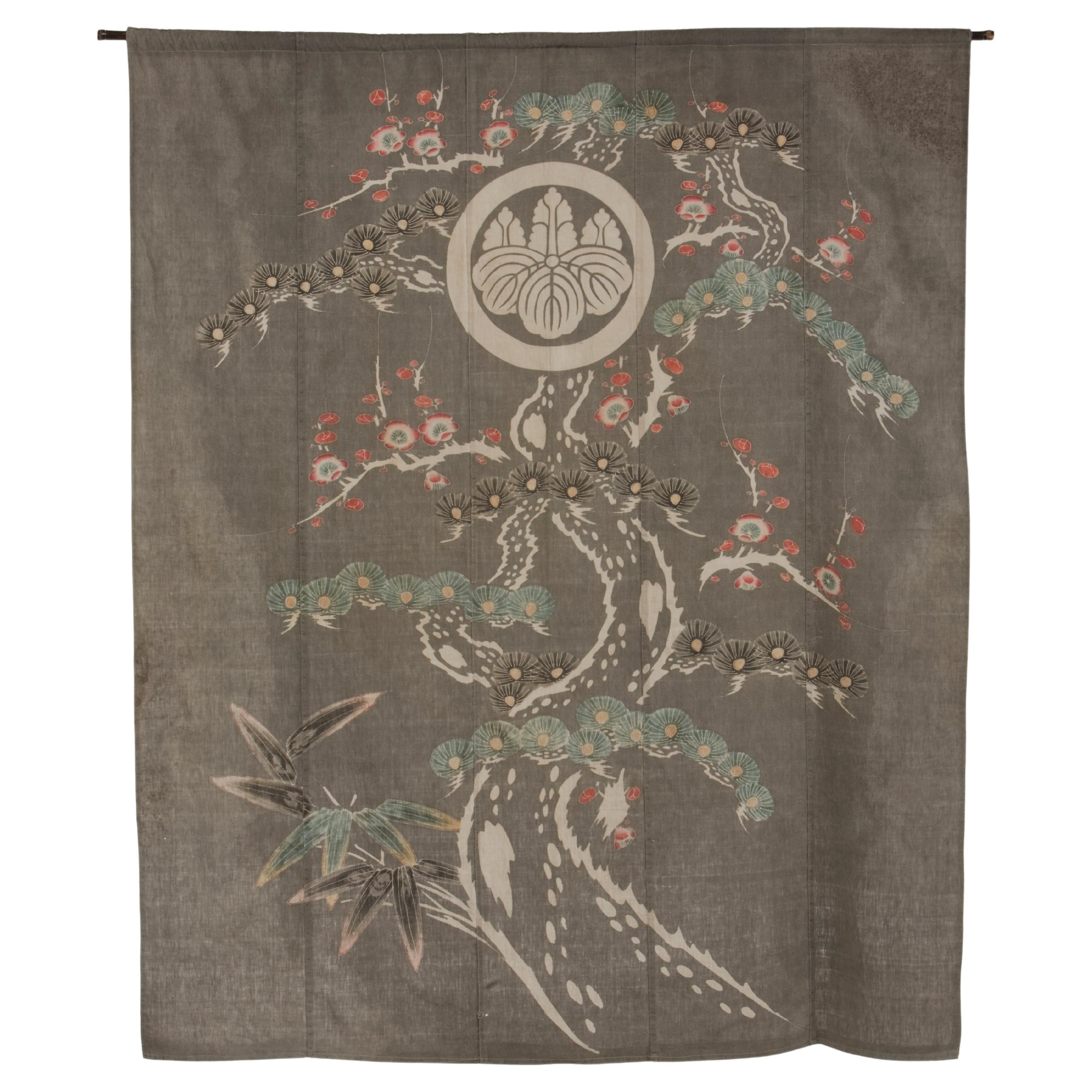 Antique Japanese Futon Cover Featuring Pine with Plum Blossoms and Bamboo For Sale