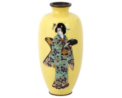 Antique Japanese Geisha Yellow Cloisonne Enamel Vase